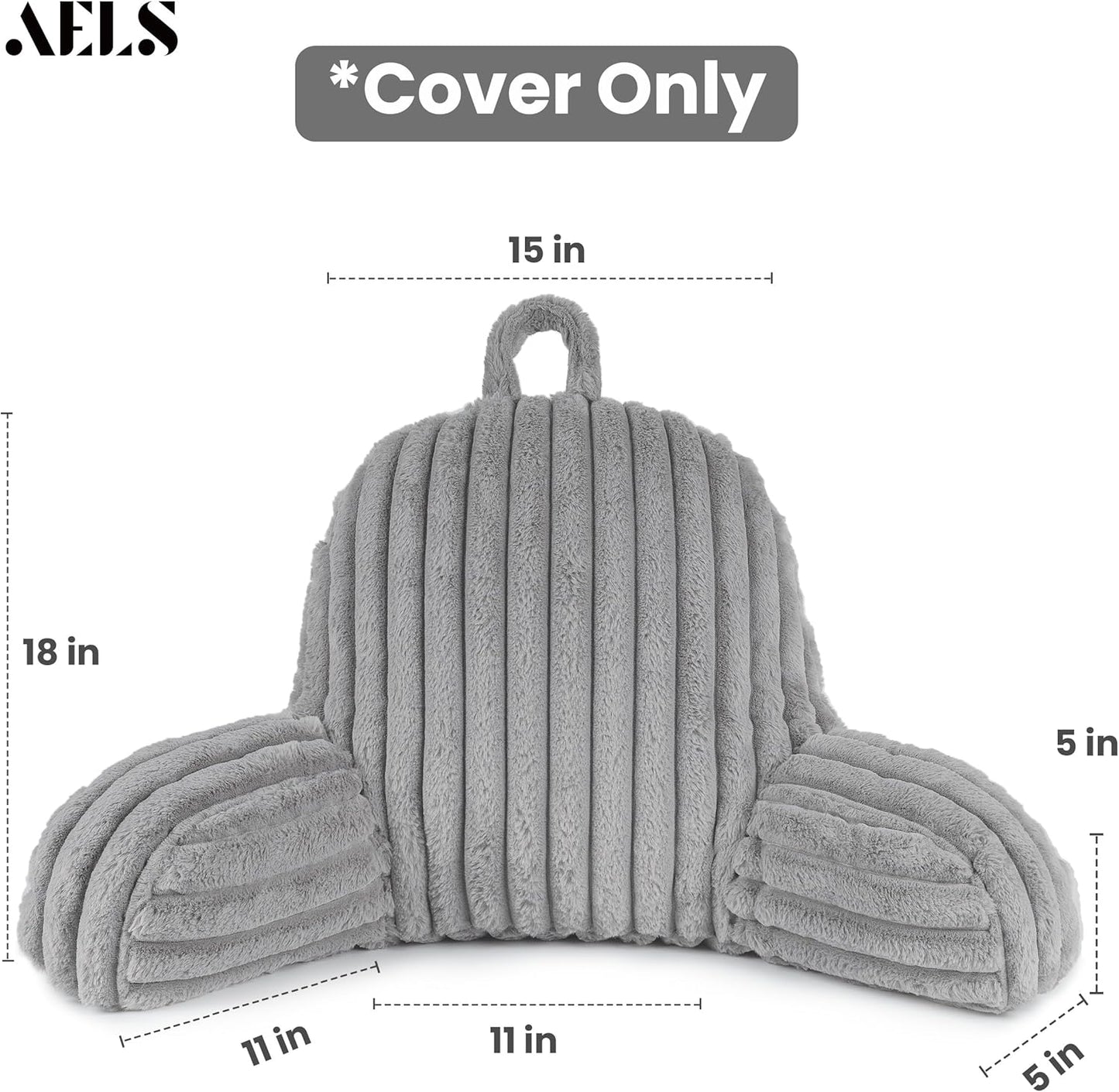 AELS Large Reading Pillow Replacement Cover with Arms and Pockets (Cover ONLY), 18" Soft Faux Fur Striped Backrest Pillow Cover Fits Standard Size Reading Pillows, Gray