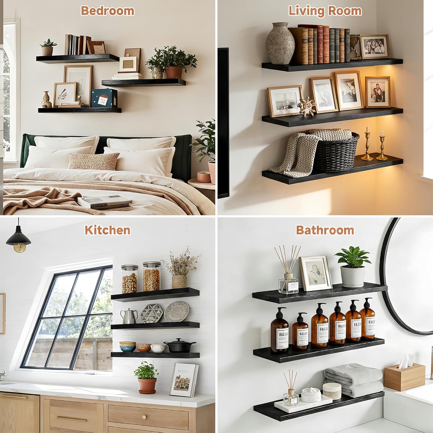 Easy Install Floating Shelves, Wall Mounted Wood Shelf,Hanging Shelf for Home Decor, Books and Storage, Small Organizer for Bedroom, Bathroom, Kitchen, 15.7 Inch Set of 3, Black