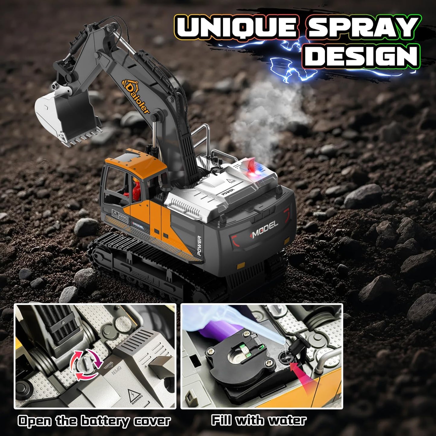 Remote Control Excavator Toy for Boys 3+, RC Construction Vehicle with Spray, Rechargeable Battery/680° Rotation/Metal Shovel/Light/Sound, RC Excavator Toy for Kid Digger Toys for Boy 3-5 4-7 8-12+