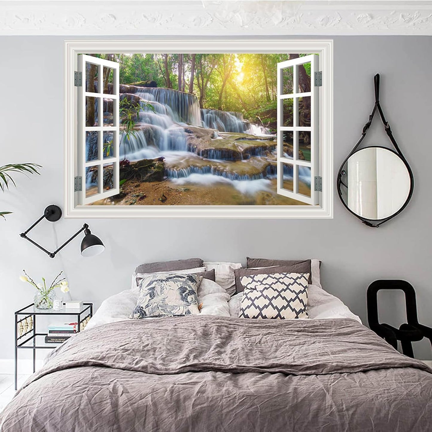 Fake Window Wall Mural Sticker Forest Tree Jungle Waterfall Faux Window Poster Decal Picture Open Wall Art Decor, Stick and Peel Landscape Natural Scenery Scene（48"x32",Set of 2 Sheets）
