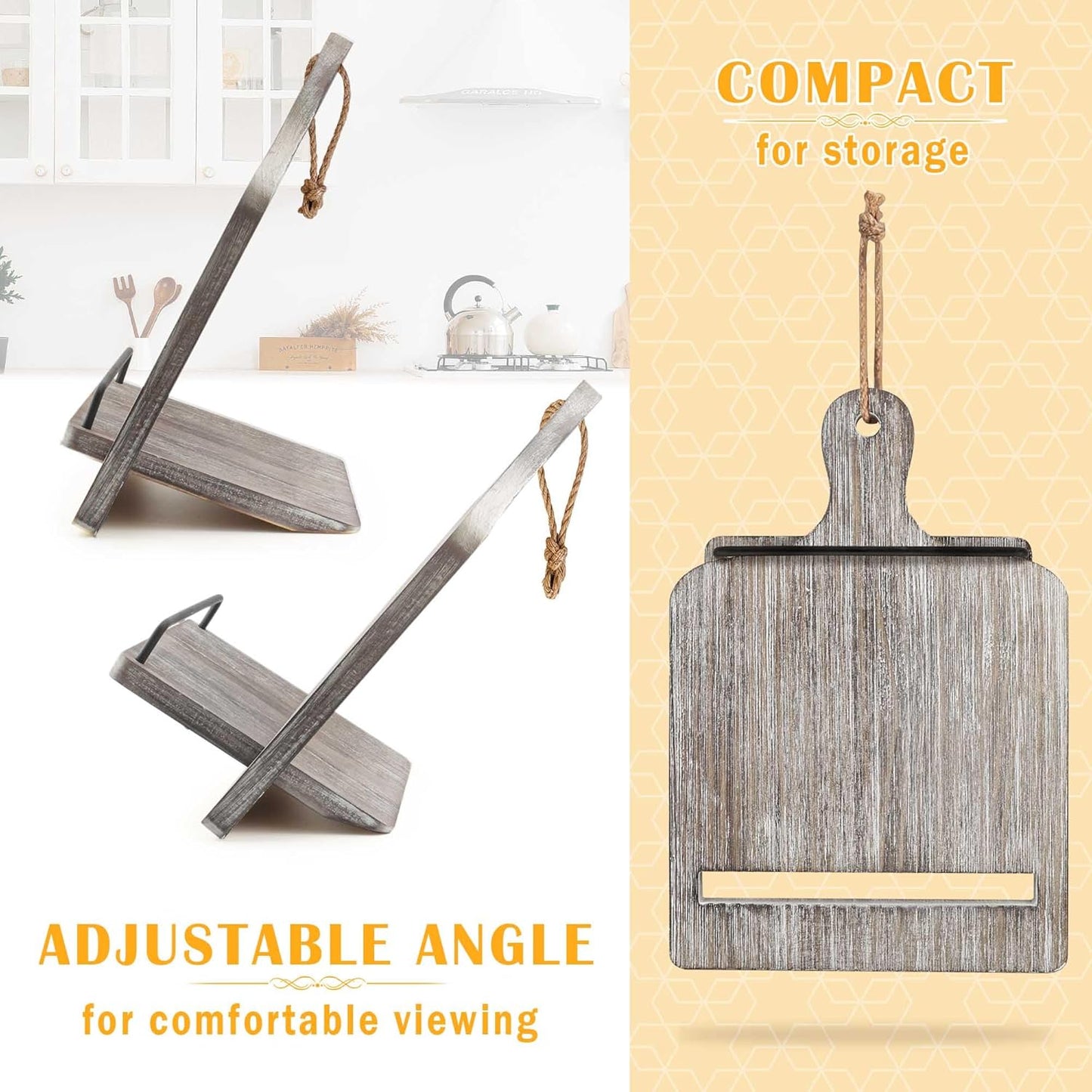 Cookbook Stand Recipe Book Stand: Cook Book Stand for Kitchen Counter, Rustic Cook Book Stand Adjustable Tablet Cookbook Holder, Wood Cutting Board Style Cooking Gift for Woman - Gray