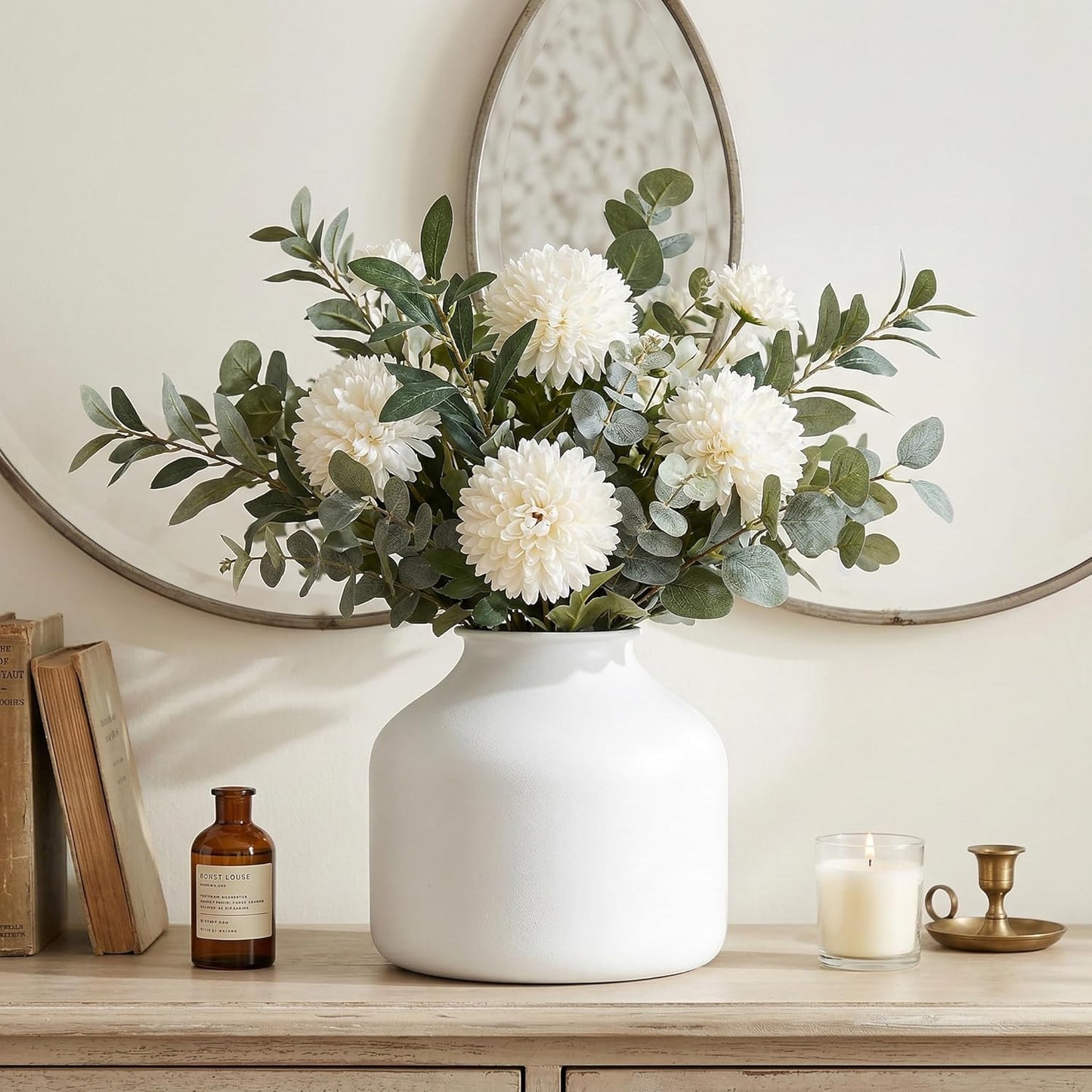 Goaste Metal Matte Flower Vase, Small White Vase for Flowers, 6.3 Inch Tall Iron Frosted Floral Arranging Vases, Nordic Style Round Boho Vases for Modern Minimalist Home Decor, Wedding, Bookshelf