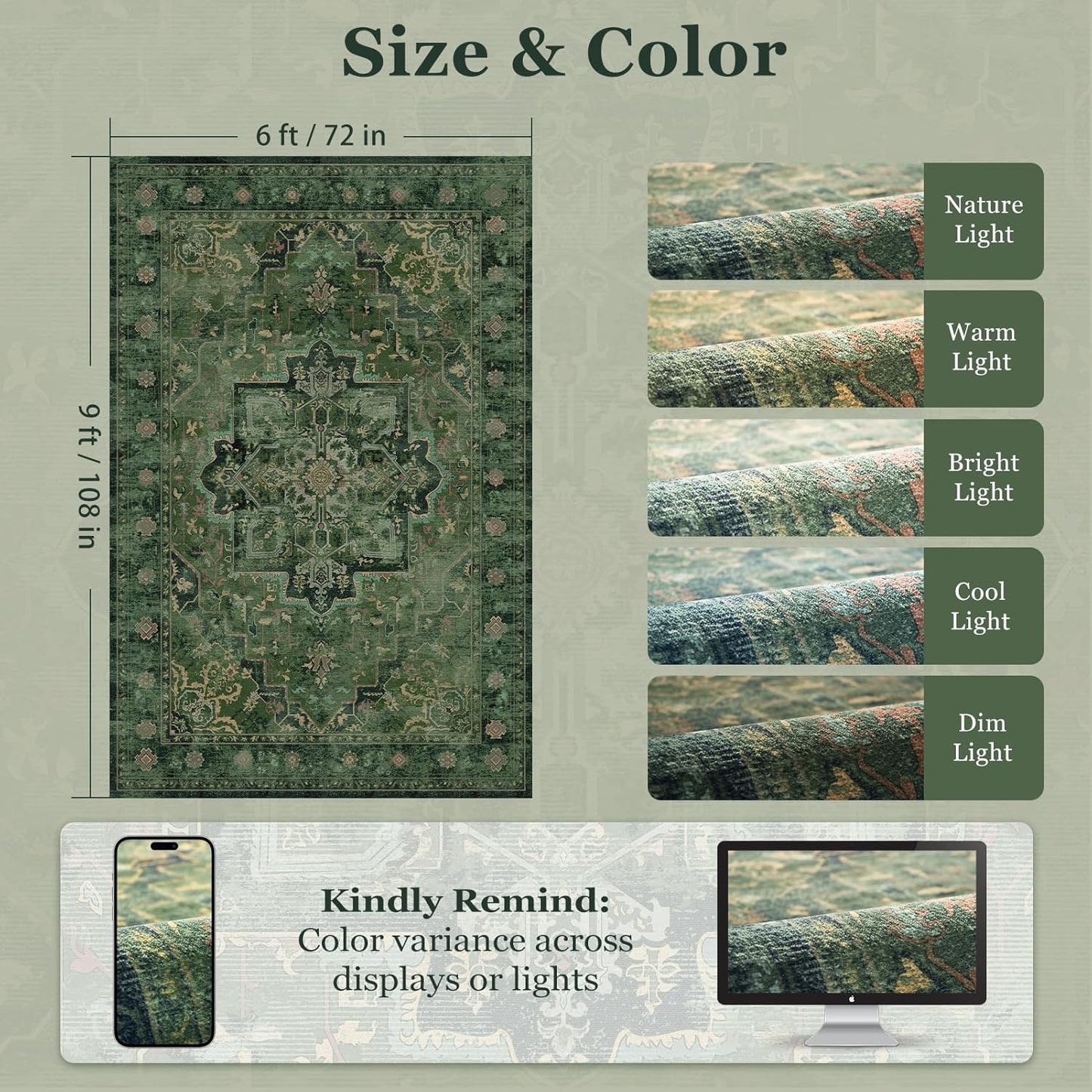 Dark Green Tranditonal 6x9 Area Rugs for Living Room, Vintage Distressed Medallion Printed Low Pile Thin Rugs for Bedroom, Washable Non Slip Soft Carpet for Dining Room Home Office Guest Room