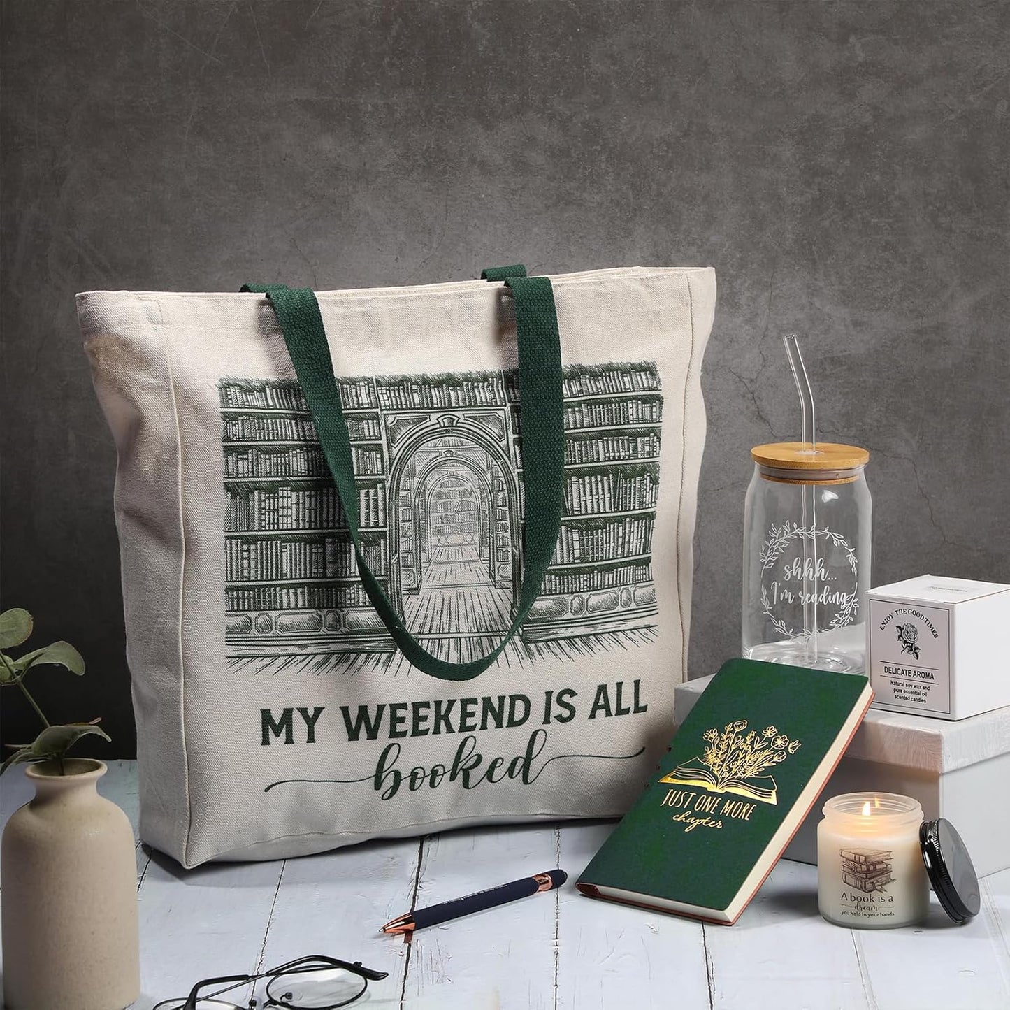 Set of 5 Book Lovers Gifts for Women 16oz Drinking Glass Scented Candle Canvas Tote Bag A6 Journal with Ballpoint Pen for Reader Librarian Bookish Student Teacher Birthday Gifts(Green)