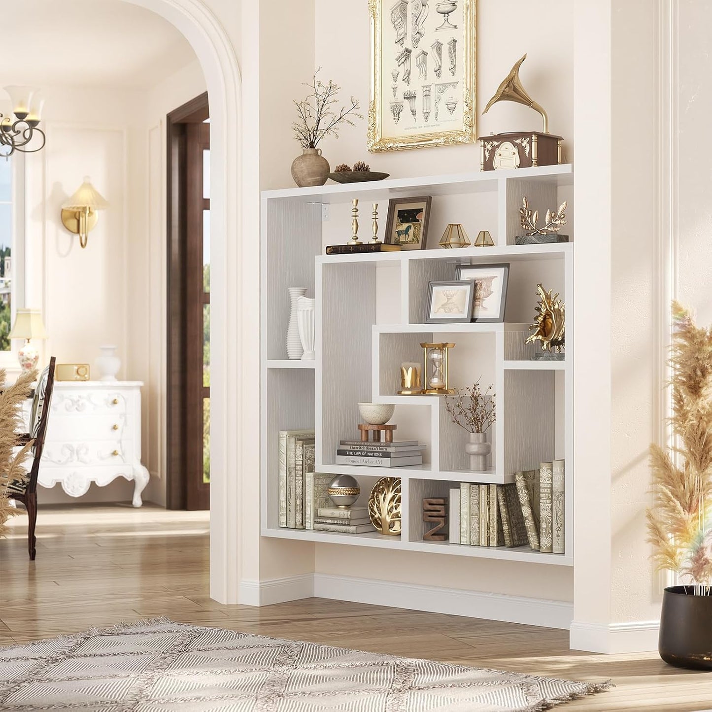 6-Tier Geometric Bookcase — Wall Mounted & Freestanding, 45.5×47 in, White