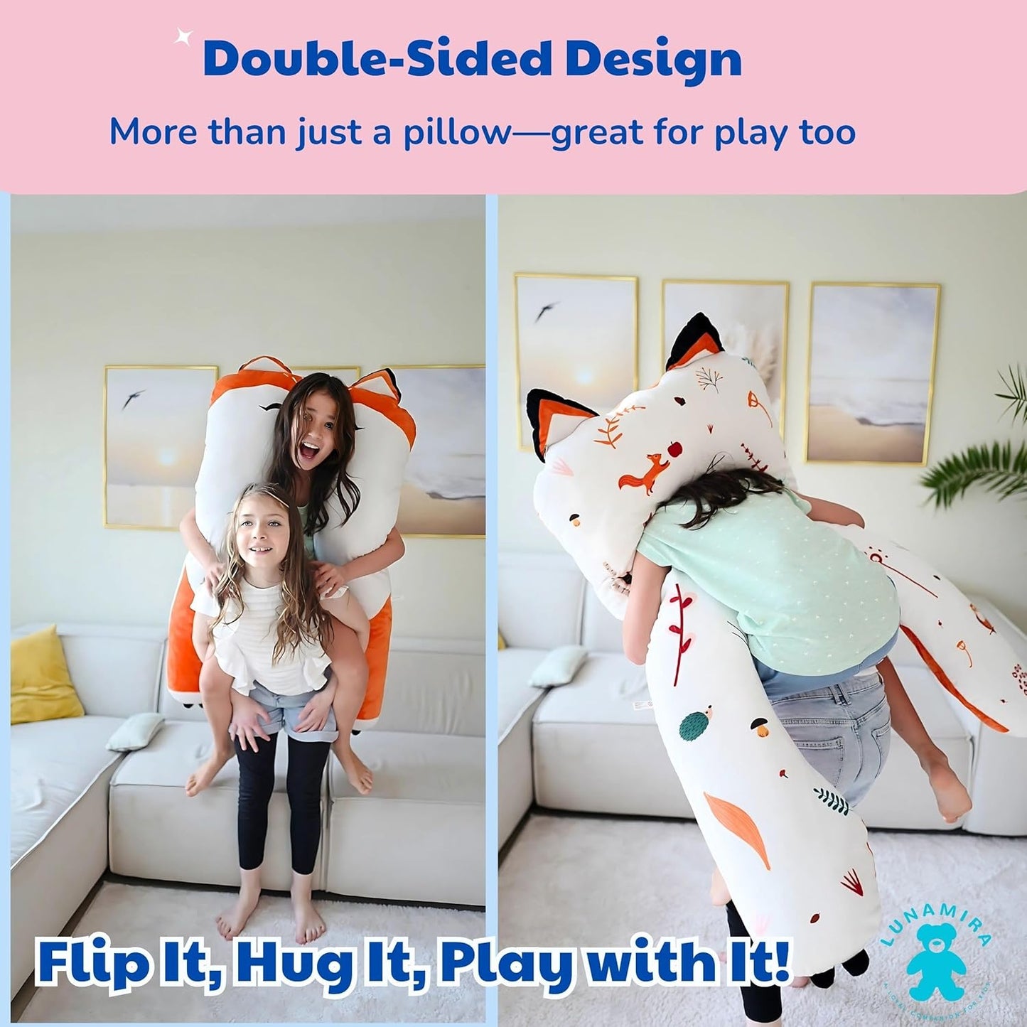 LUNAMIRA Fox Kids Body Pillow - 47" U-Shape Long Plush Soft Animal Pillow for Kids, Sleeping, Reading, ADHD & Special Needs Comfort, Anxiety, Washable Cover, Snuggle Fun Cuddle Gift for Boys & Girls