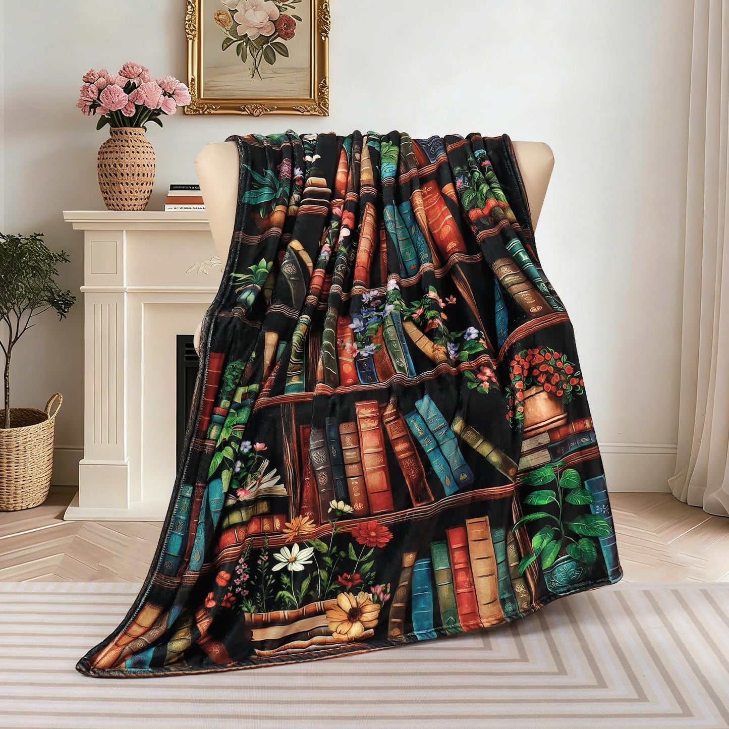 Bookshelf Throw Blanket Vintage Books Blanket for Book Lovers Reading Blankets for Readers Floral Fleece Throw Blanket Super Soft Warm Cozy Flannel Blankets for Couch Sofa Bed 50x60in