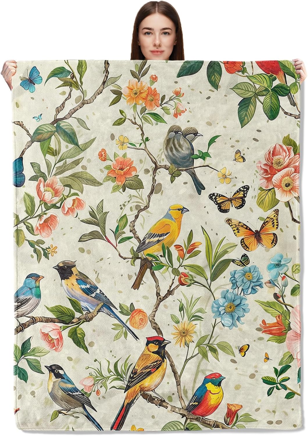 Colorful Bird Flannel Throw Blanket 50x60 Inch, Vibrant Songbird and Butterfly on Floral Branch Blankets Soft Cozy Fleece Throws for Nature Lover Bed Sofa Dorm Living Room Vintage Decor Gifts