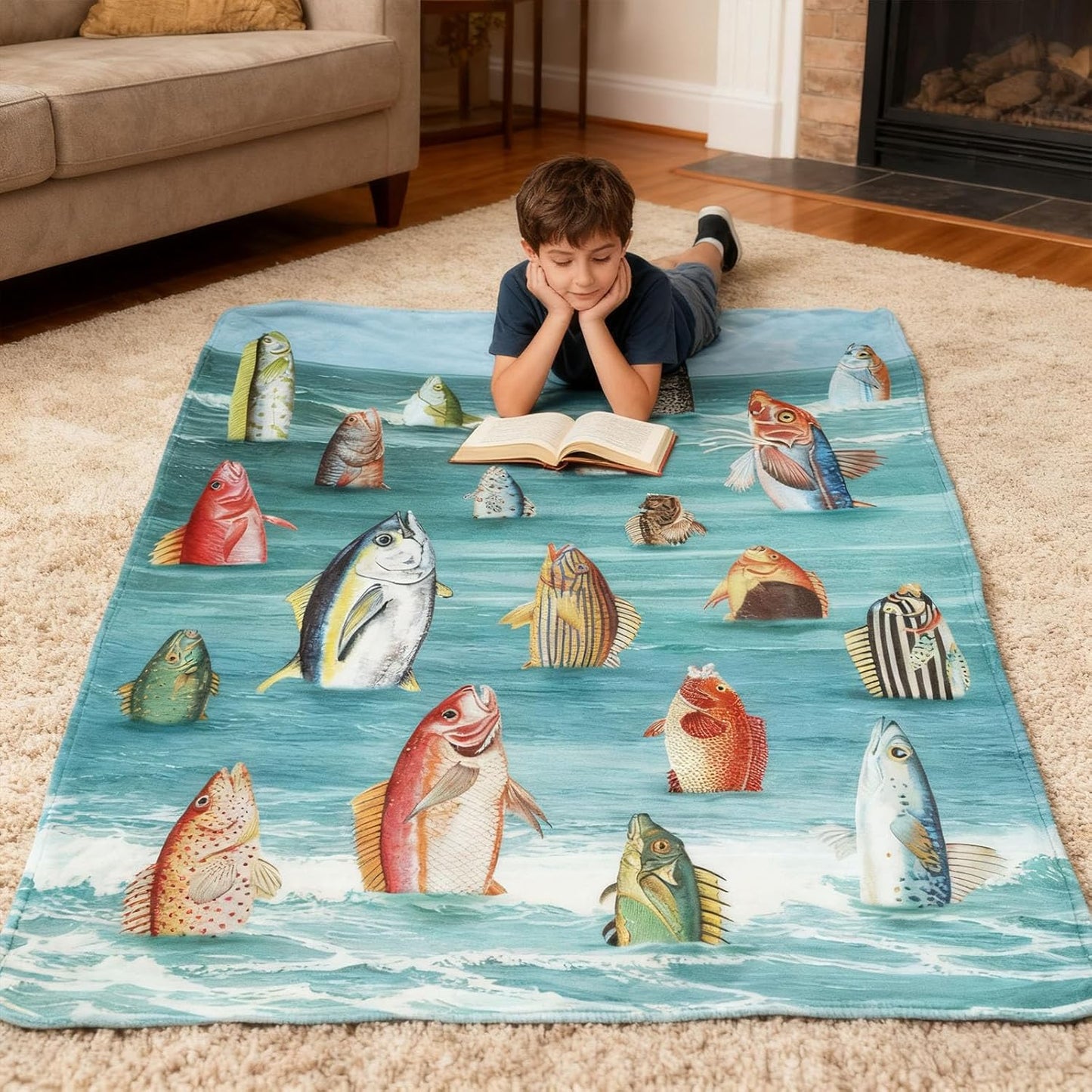 kampdream Surreal Fish Wave Flannel Blanket, Humanoid Standing Fish Art, Super Soft and Warm for Couch Sofa Living Room Ideal Gift for Friends Teal 50×60 inch