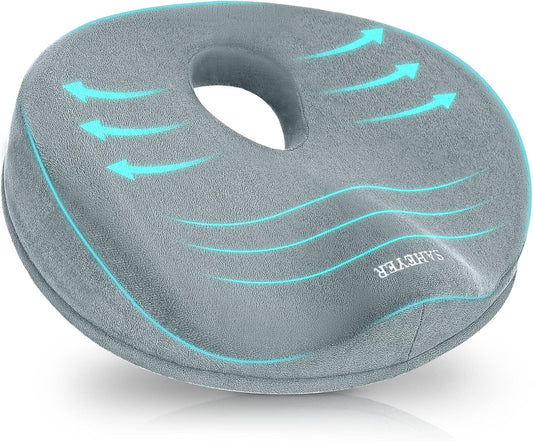 SAHEYER Donut Pillow for Tailbone Pain Relief and Hemorrhoids, Memory Foam Donut Cushion for Sciatica Nerve, Seat Cushion Butt Pillow for Men Women at Home Office Chair Car Long Sitting Comfort, Gray