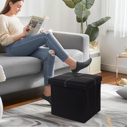ShellKingdom Small Folding Storage Ottoman Cube, Faux Leather Storage Footrest Bench, Foot Rest Stool for Home, Living Room, Bedroom, Dorm, 11.8 x 11.8 x 11.8 inches (Black)