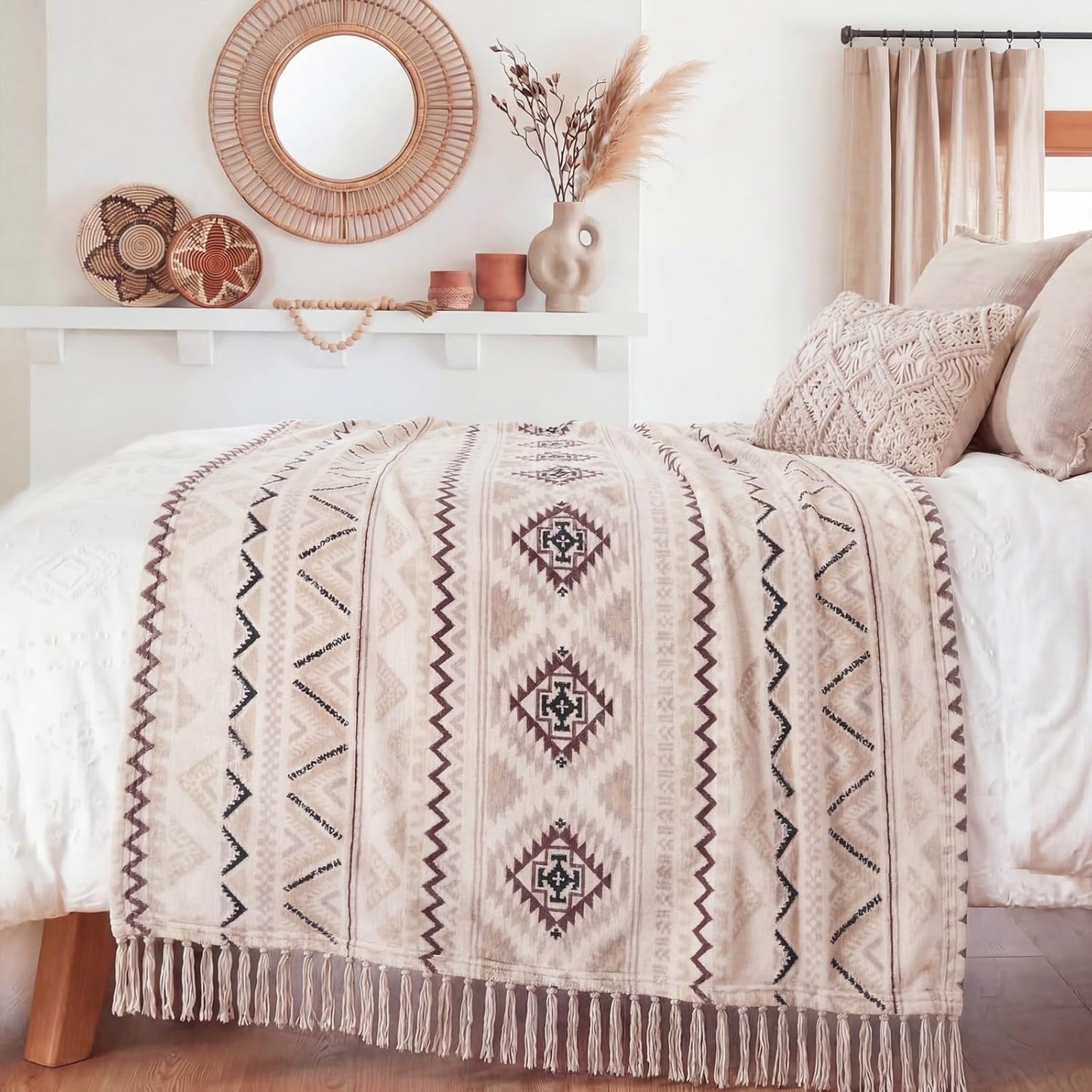 CASAAGUSTO Boho Throw Blanket - Beige and Gray Decorative Blankets with Tassel, Printed Flannel Bohemian Blanket for Chair, Bed, Sofa, Couch(50 * 60, Beige and Gray)