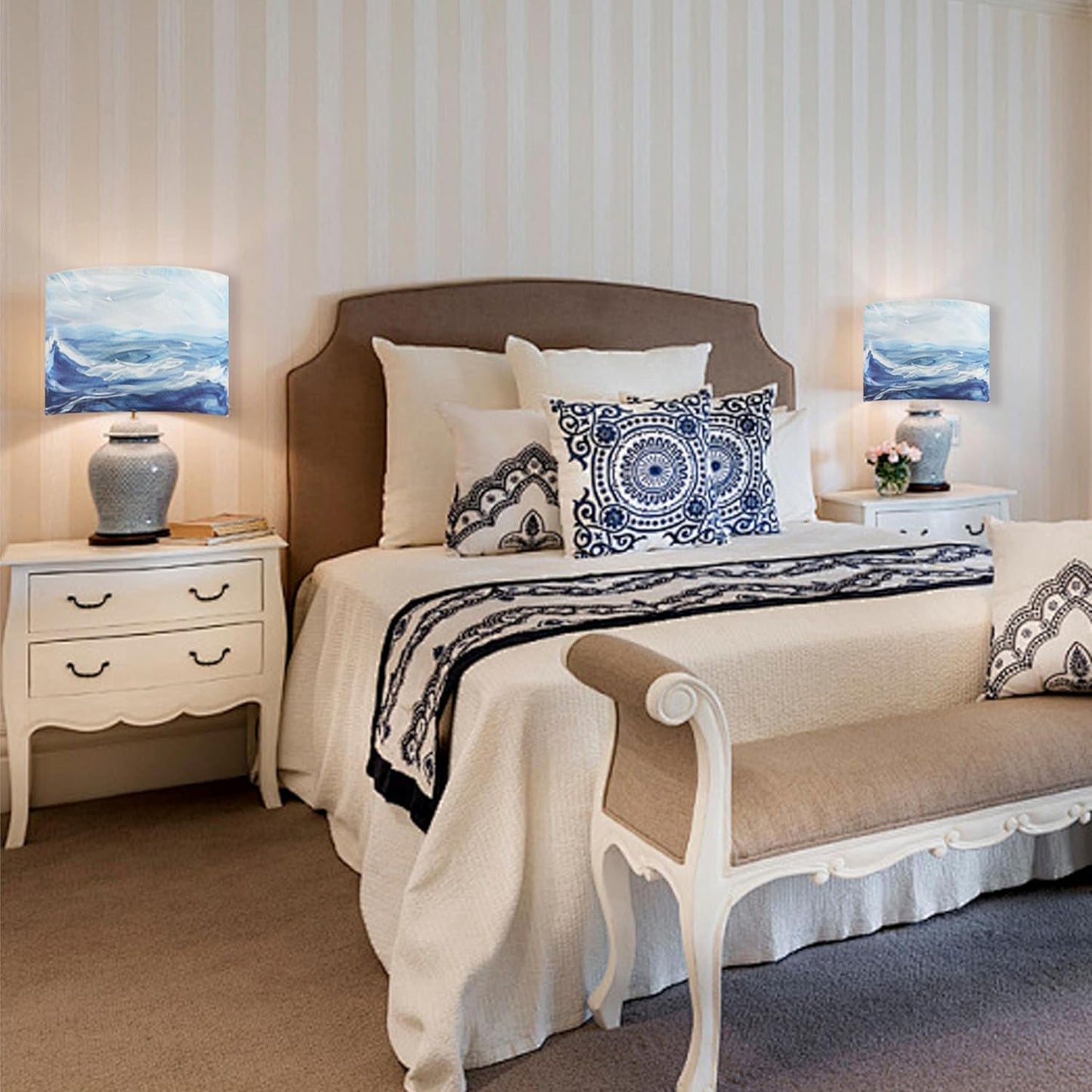 Decorative Lamp Shade Polyester Fibre Printed Drum Shade for Table Lamp & Bedside Lamp, 13 "Top x 13" Bottom x 10 "Height,Includes 2pcs (Sea Waves)