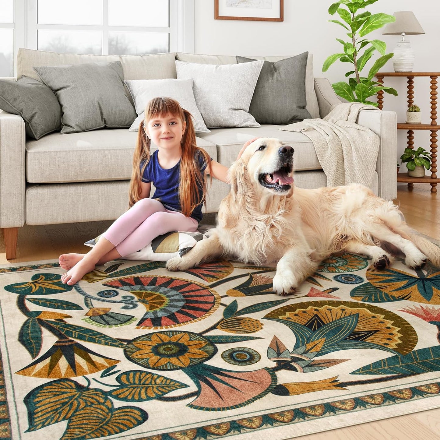 Beige 8x10 Area Rugs for Living Room, Soft Washbale Bedroom Rugs, Non Slip Low Pile Dining Room Rug, Stain Resistant Large Rug for Playroom Office Kitchen Indoor