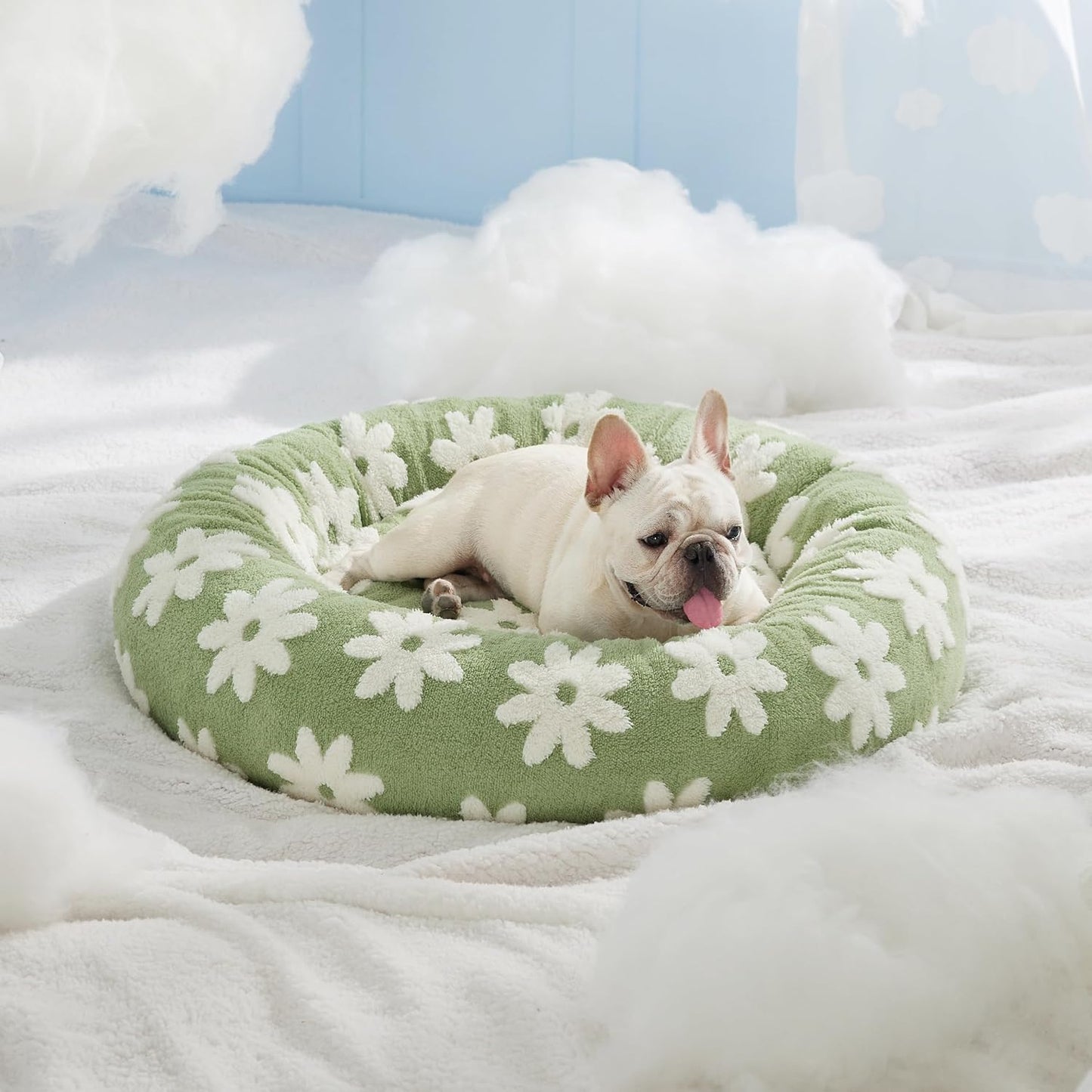 Lesure Shown on TV Donut Medium Dog Bed - Round Cat Beds Indoor Present for Calming Pets with Washable Cover, Home Decor Cute Modern Beds with Jacquard Shaggy Plush & Anti Slip Bottom, 30 Inch, Green