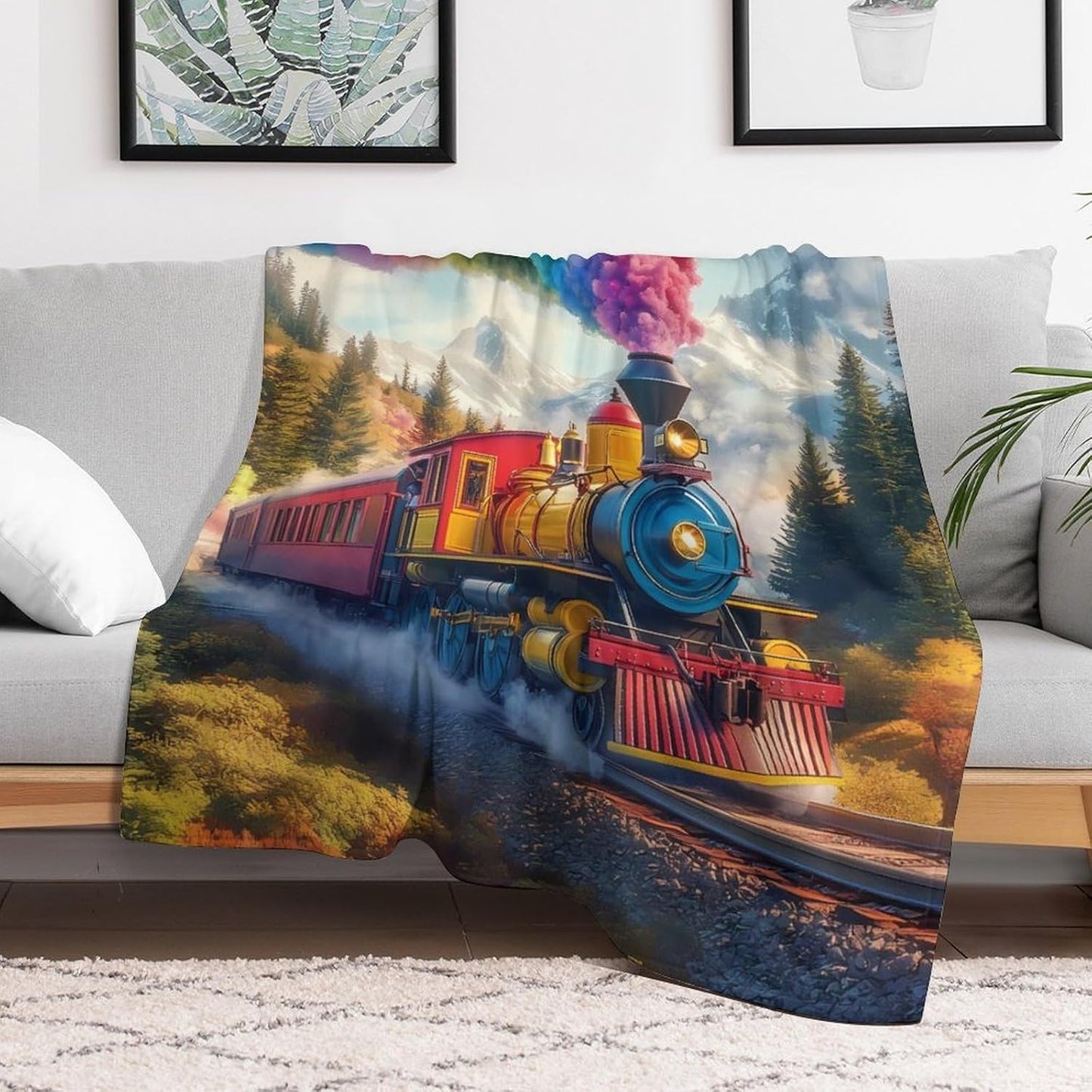 Steam Train Rainbow Cloud Sky Forests Mountain Throw Blanket for Couch Bed Plush Cozy Fuzzy Flannel Blanket for All Season 55"x70"