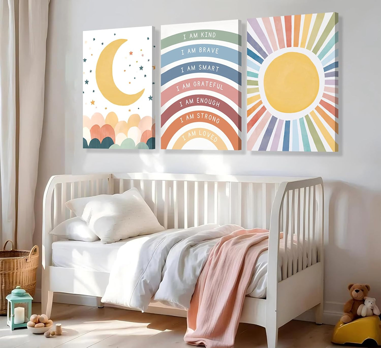 KBIERQN 3Pcs Boho Sun moon Canvas Wall Art Nursery Positive Affirmations Rainbow Poster Prints Bohemian Star Heart Picture for Toddler Baby Girls Room Playroom Bedroom Wall Decor 16x24in Framed