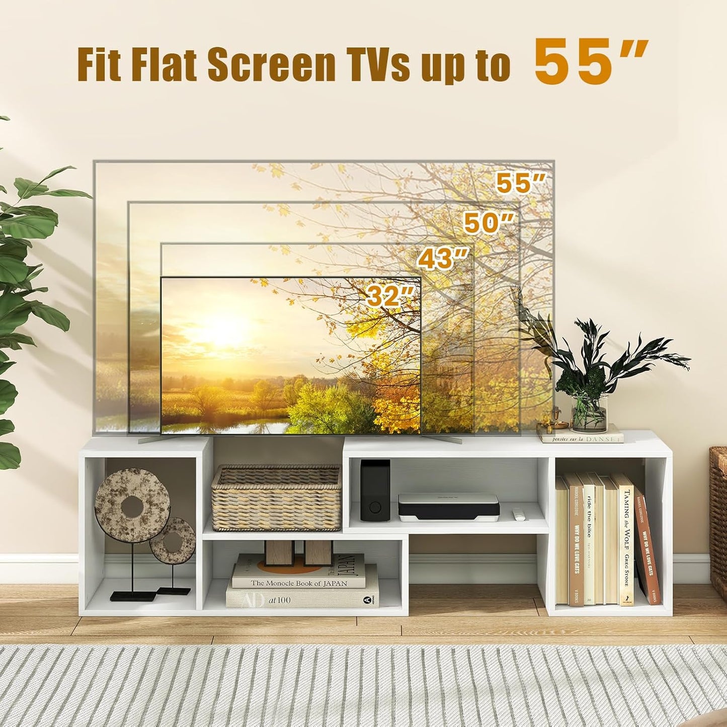 LDAILY L-Shaped TV Stand, TV Entertainment Center with 4 Storage Cubes & Rotating Shelves, Wood Bookcase for TVs up to 55 Inch, Sturdy Free-Combination Console Table for Living Room, Bedroom (White)