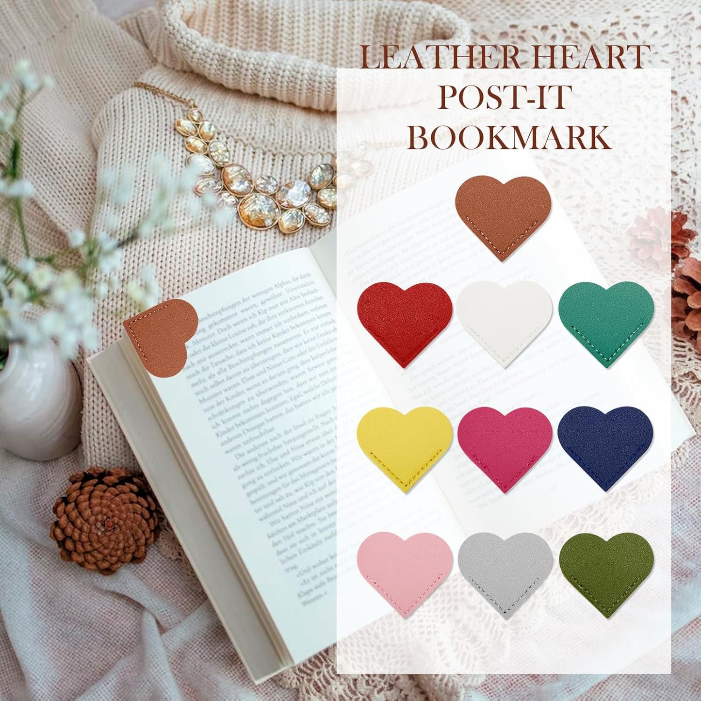 10PCS Leather Heart Bookmark Book Marks Labels Heart Corner Cute Leather Bookmark Reading Accessories Book Lovers Gifts for Women Students