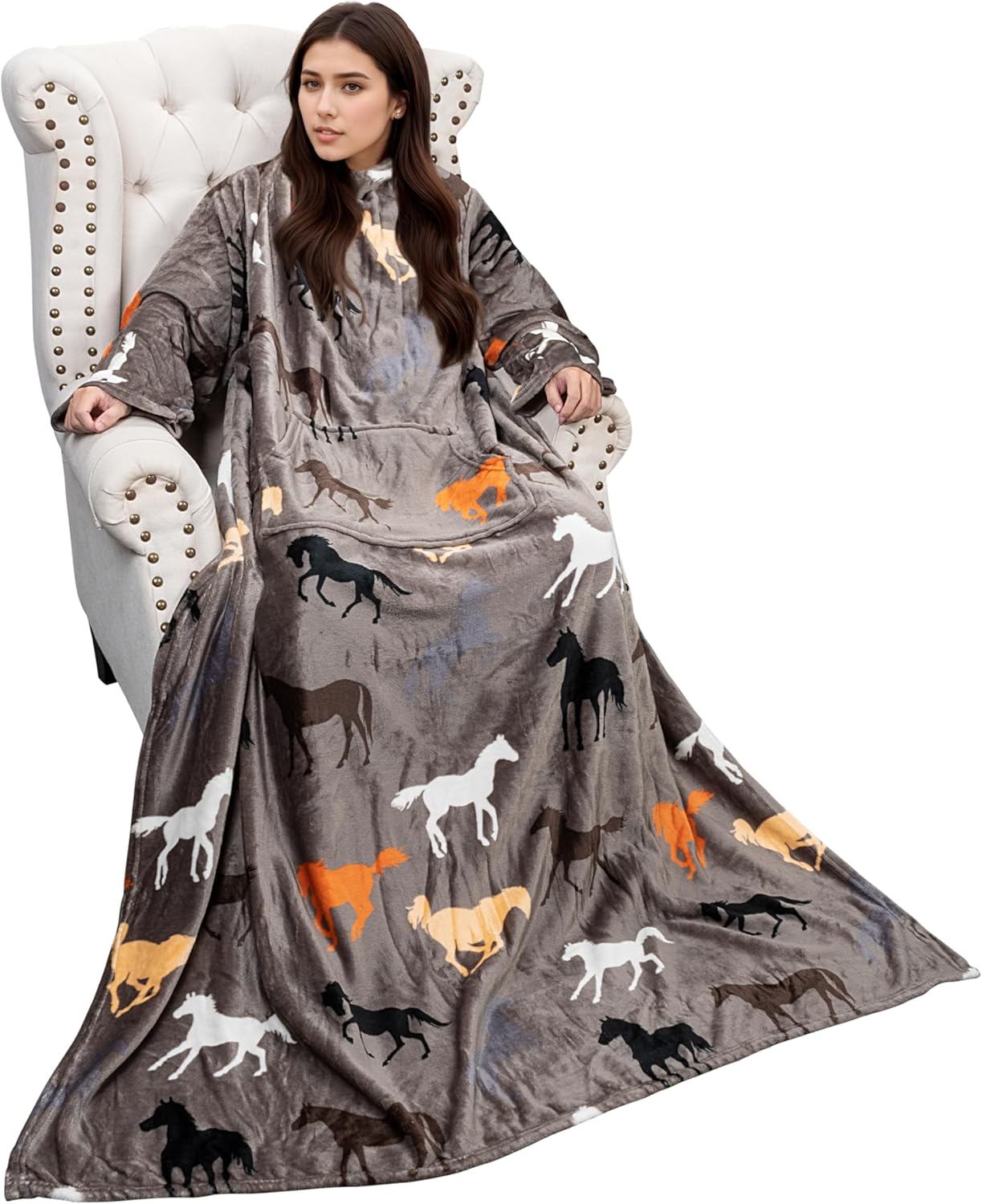 Solaris Wearable Horse Pattern Blanket with Sleeves, Super Soft Warm Snuggy Body TV Throw Blanket for Home Office Lounge, Horse Gift for Adult Women Men