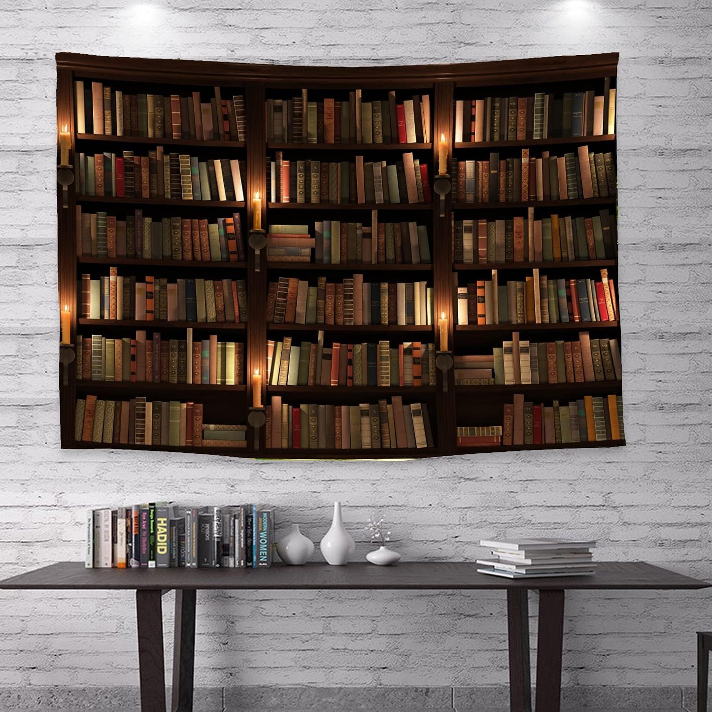 Old Bookshelf Candle Print Fabric Tapestry Decorative Wall Art Tablecloth Bedspread Picnic Blanket Beach Throw Blanket Multifunctional for Bedroom Hall Dormitory Living Room Hanging 59 x 51 inches