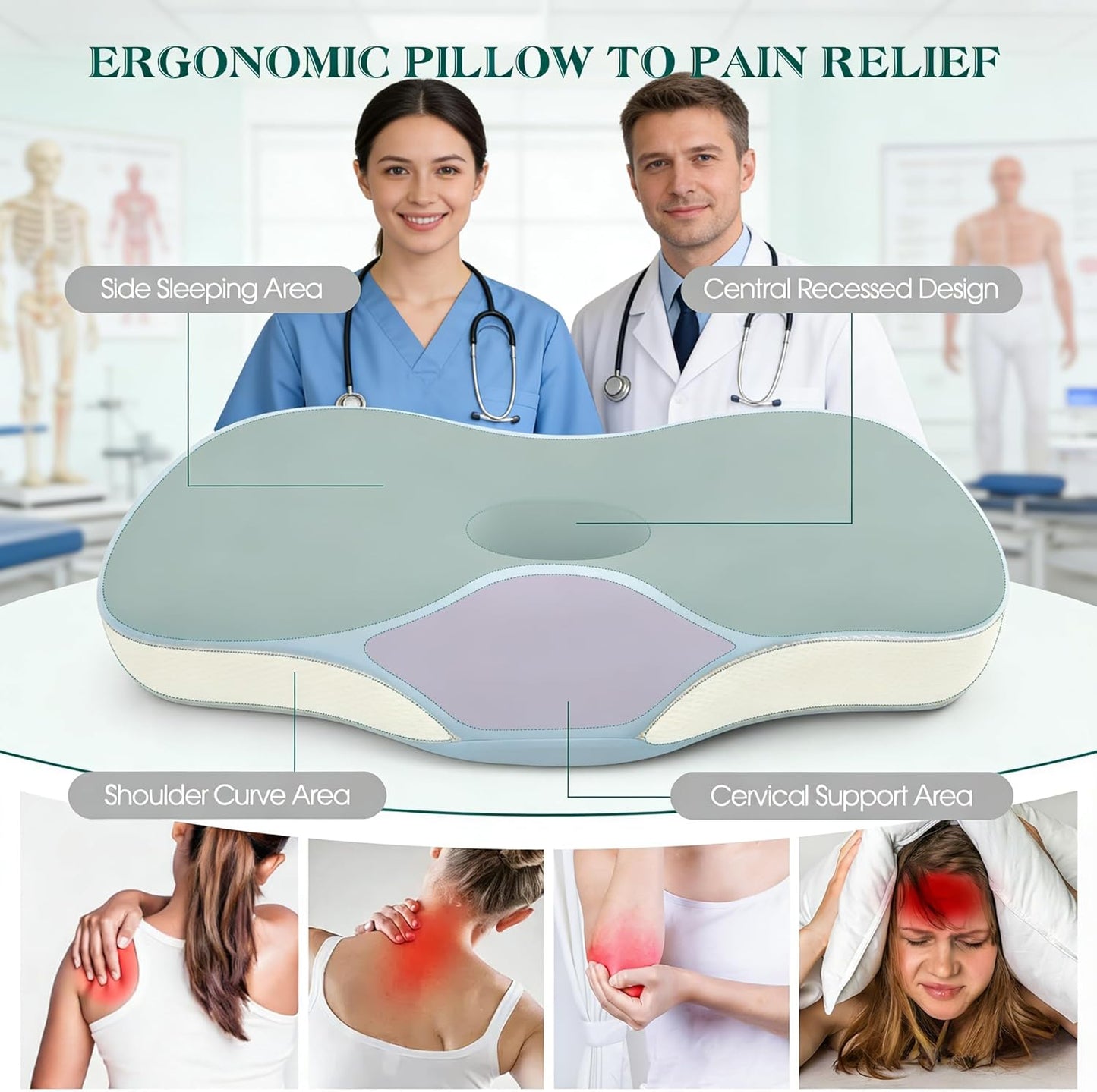 Cervical Pillow for Neck and Shoulder Support, Ergonomic Memory Foam Contour Pillows with Adjustable Dual Heights & Breathable Cover for Side Back Stomach Sleepers (Blue)