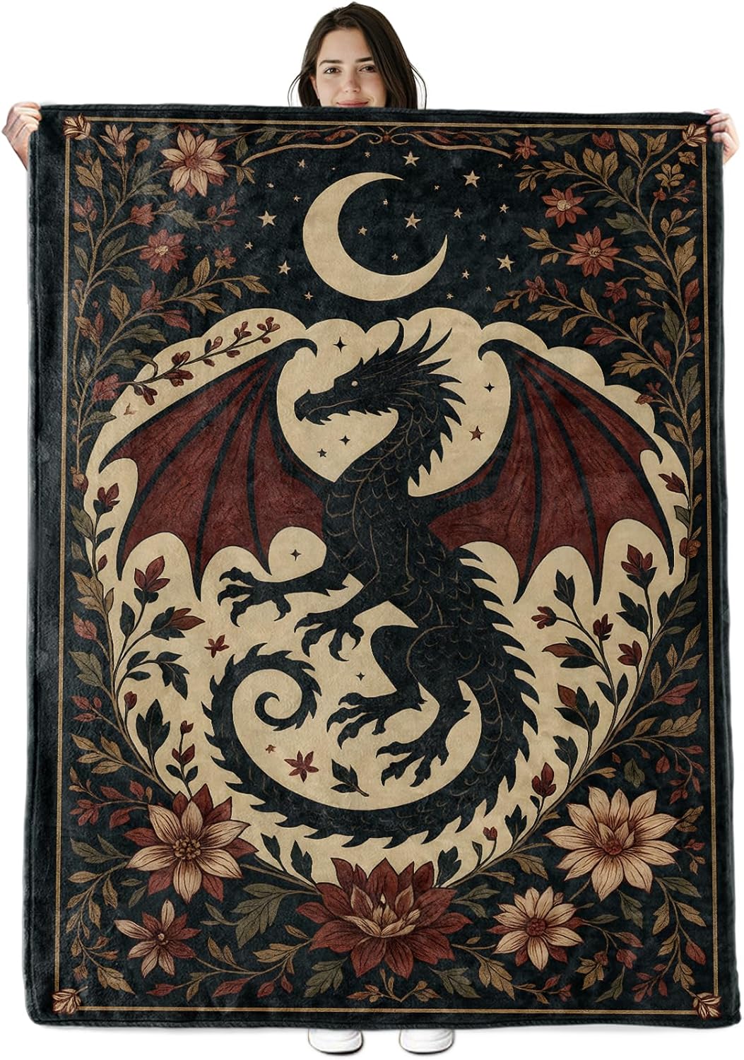 Dragon Moon Blanket Gifts for Boys Girls Kids, Gothic Fantasy Dragon Warm Soft Flannel Throw Blankets for Bedroom, Travel, Sofa, Room, Birthday Christmas Spring Decor, 50x60 in