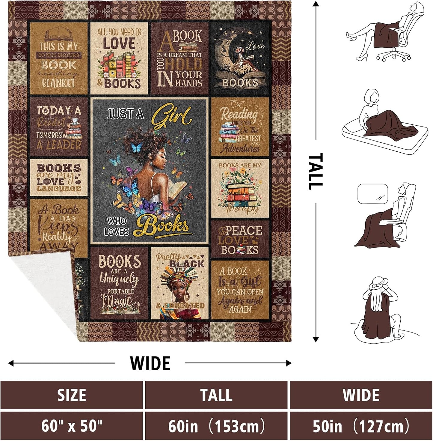 ACBEAT African American Black Girl Book Lovers Gifts Blanket 60"x50", Gifts for Book Lovers Women, Reader Blanket, Librarian Reading Gifts, Books Club/Bookworm/Bookish Birthday Christmas Blankets
