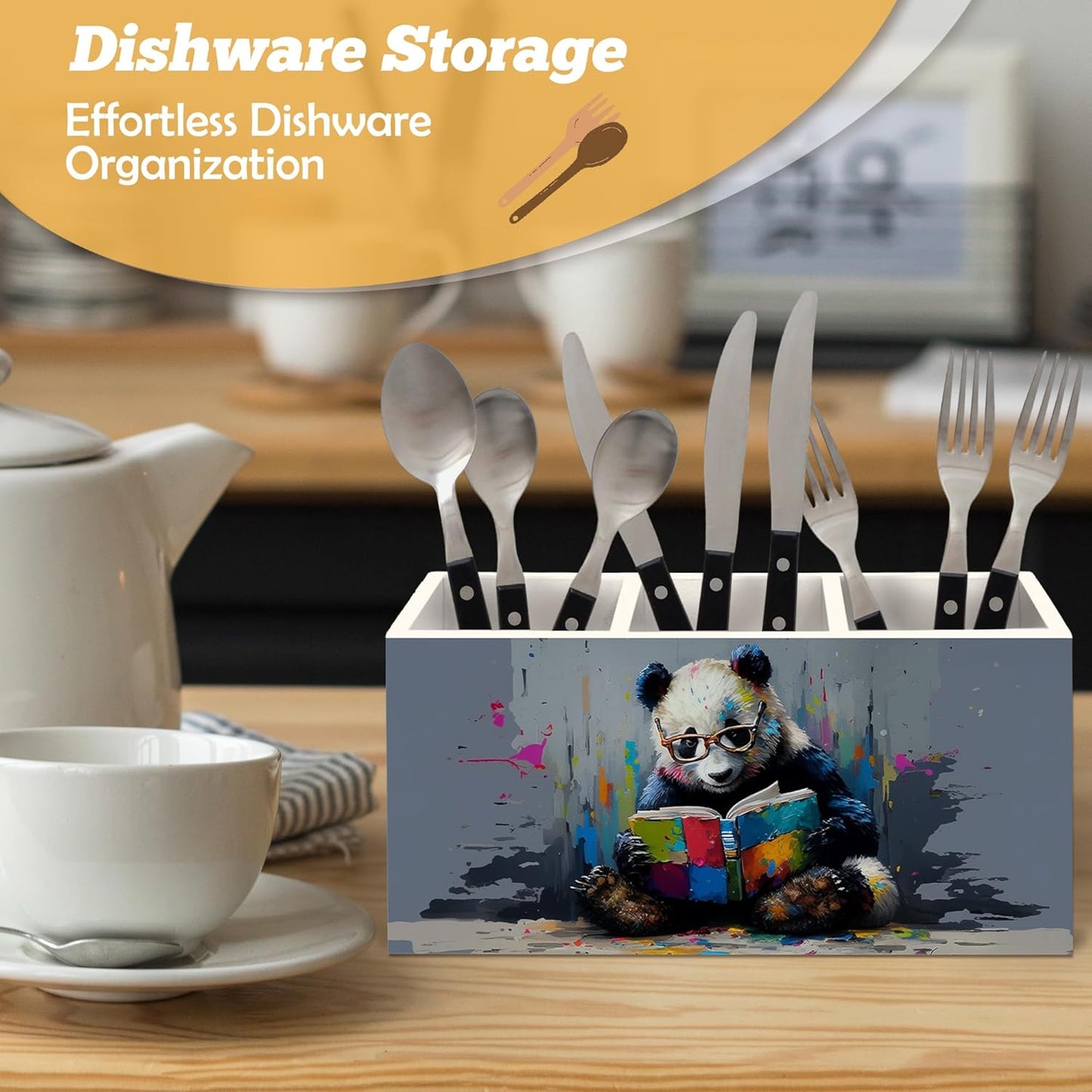 Book Lovers Gifts Pen Holder Organizer for Desk Accessories, Watercolor Reading Panda Bookish Wooden Box Desk Decorations for Kids Reading Corner Nook Room Classroom Decor