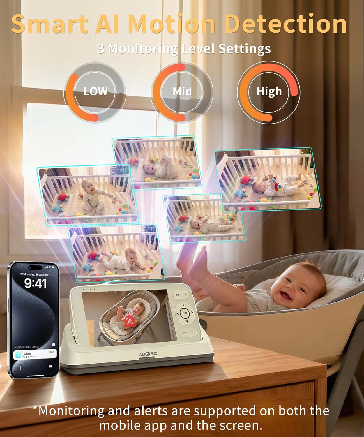 Smart Baby Monitor with Camera and Audio WiFi & No-WiFi Modes AI Cry Detection Night Vision 1080p FHD Camera and 5" Large Screen Two-Way Talk 1000ft Range Smart Alert Easy Setup for New Parents