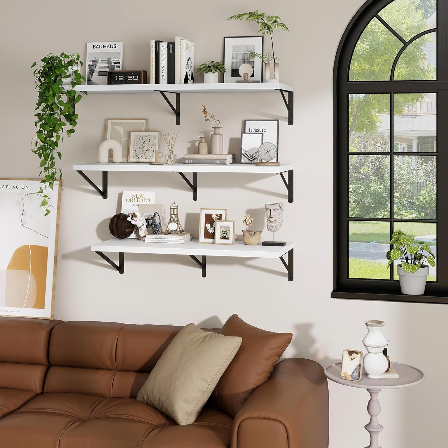 Deep Wall Shelves 30"W x 12"D Engineered Wood Floating Shelves for Wall, Sturdy Metal Bracket Bookshelves Home Decor Storage for Living Room Bedroom Bathroom Kitchen, Set of 2, White Finish