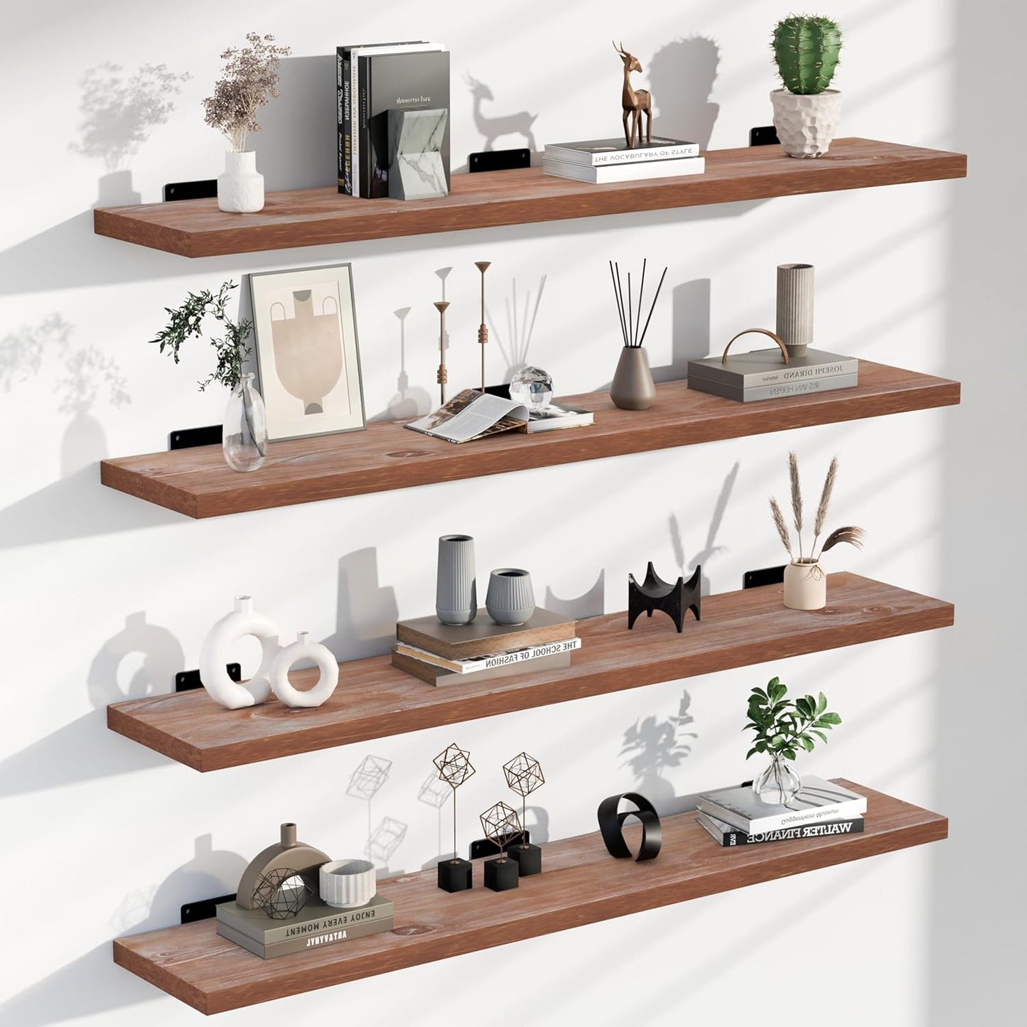 36 Inch Floating Shelves Set of 4, Rustic Brown Wood Wall Mounted Shelves with 100 lbs High Capacity, Farmhouse Wood Shelving for Living Room, Kitchen, Bedroom, Bathroom & Office