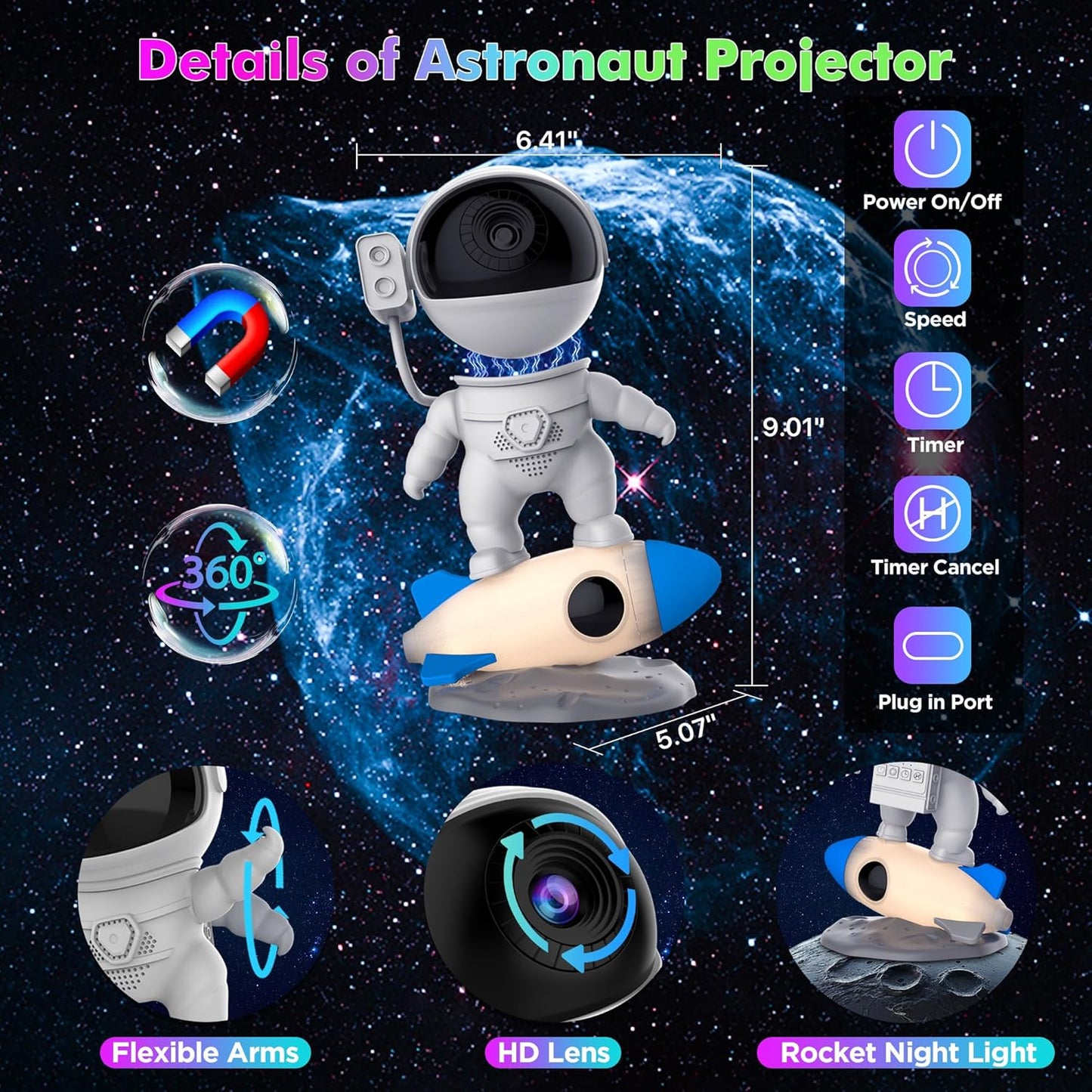 Astronaut Galaxy Projector Light for Bedroom, 12-in-1 HD Nebula Northern Lights Projector with 360° Rotating Projection, Fixed Rocket Night Light with Timer, Gift for Boys Girls Kids