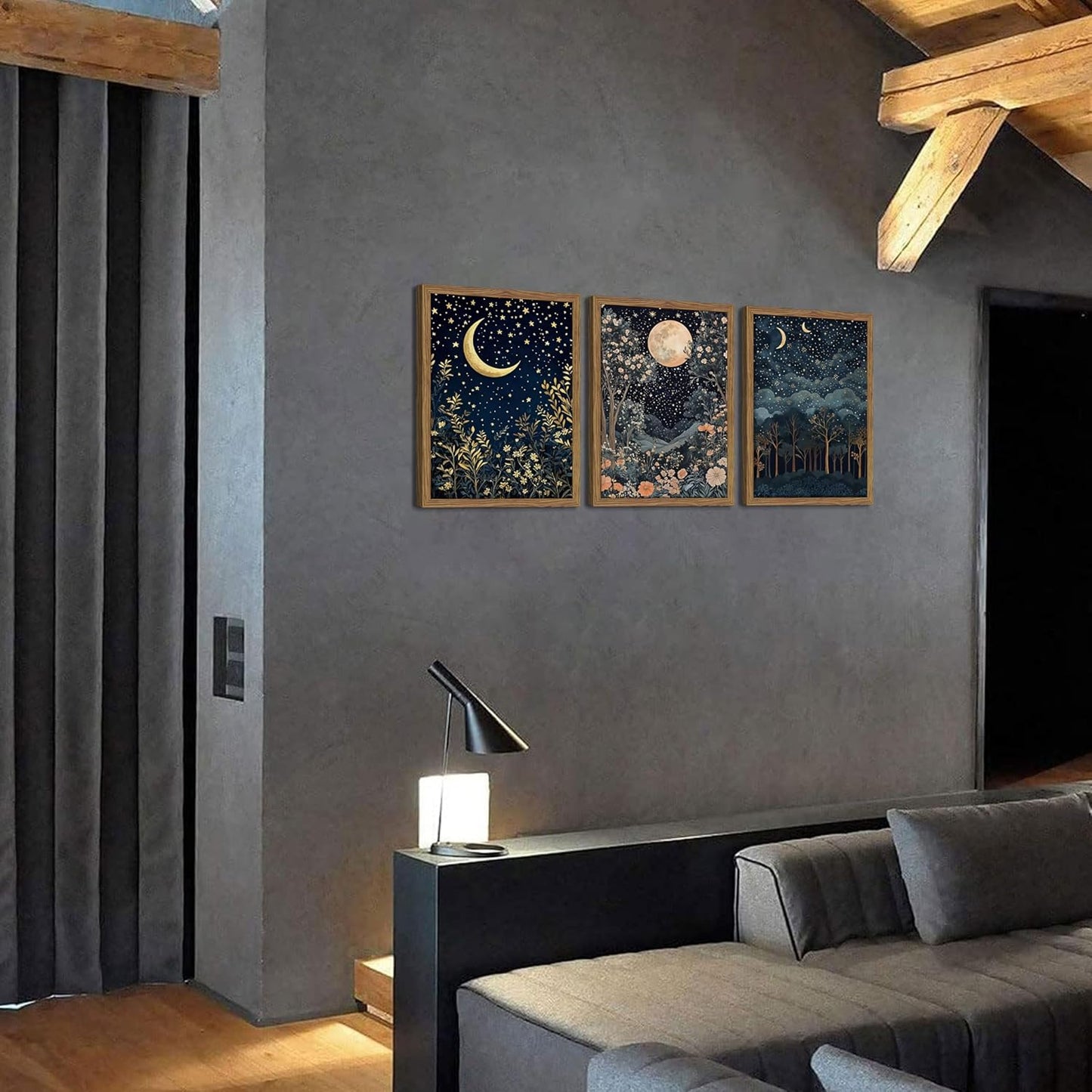 Framed Vintage Botanical Wall Art Set of 3, Nature Moon Night Sky Floral Canvas Prints, Forest Scenery Picture Painting, William Morris Farmhouse Wall Decor for Living Room Bedroom 16x24 inch