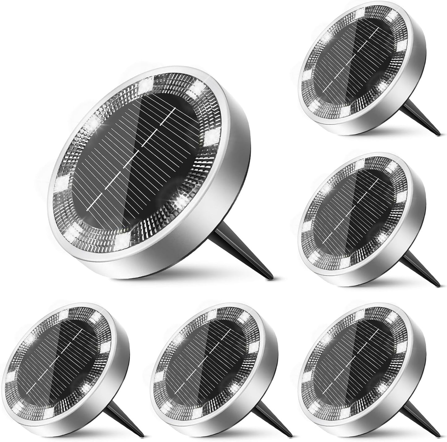 6 Pack Solar Ground Lights Outdoor, 8 LED Mini Flat Solar Disc Lights, IP65 Waterproof Pathway Lights Solar Powered, Landscape Lighting for Garden Walkway Driveway Pathway Yard Lawn,Cool White