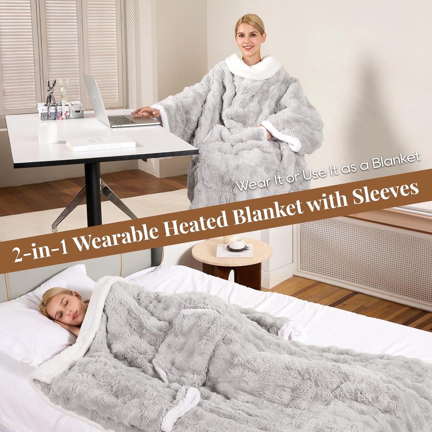 Wearable Heated Blanket, Luxury Faux Fur & Sherpa Electric Throw Blanket with Sleeves, Foot Pockets, Heated Robe for Women Men Gift, 3 Heat Levels & 12H Timer, ETL & FCC Certified, 52"x 72" Light Grey