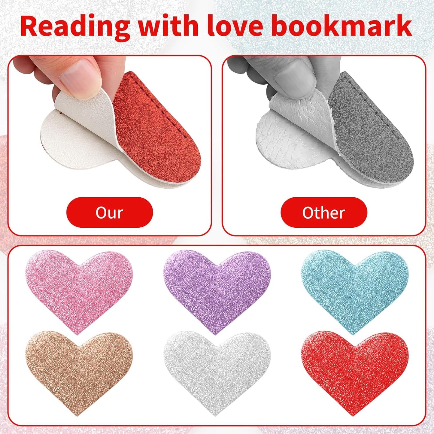 6Pcs Leather Love Heart Bookmarks - Colorful & Bling Corner Page Book Marks for Teachers Students Book Reading Lovers - Cute Heart Book Page Holder for Girls Women - Handmade Reading Gifts