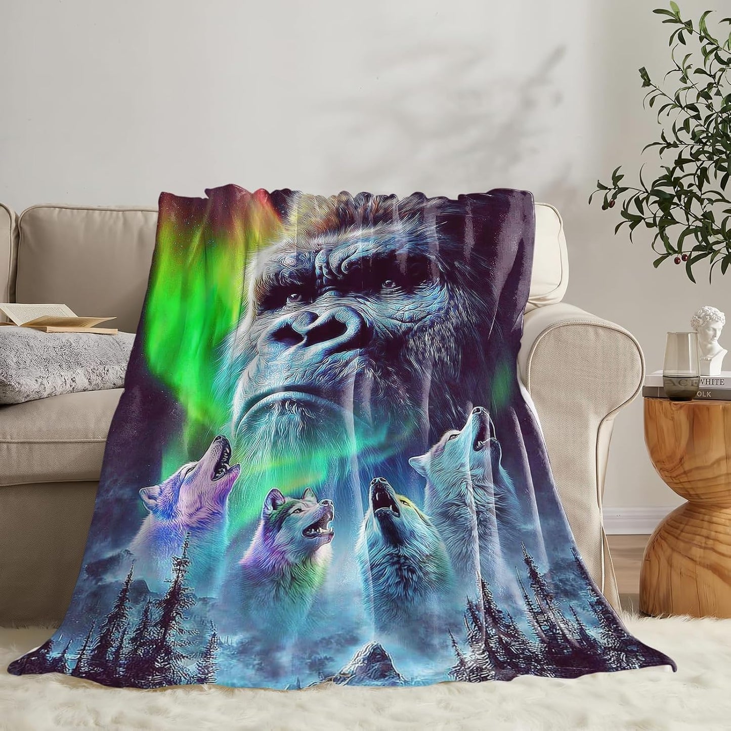 Gorilla Wolf Blanket for Girls Women Boys Men Adults Kids Soft Cozy Fleece Aurora Chimpanzee Foot Throw Blankets Gifts Warm Flannel Plush Lightweight Decor for Couch Bed Sofa 50"X40"