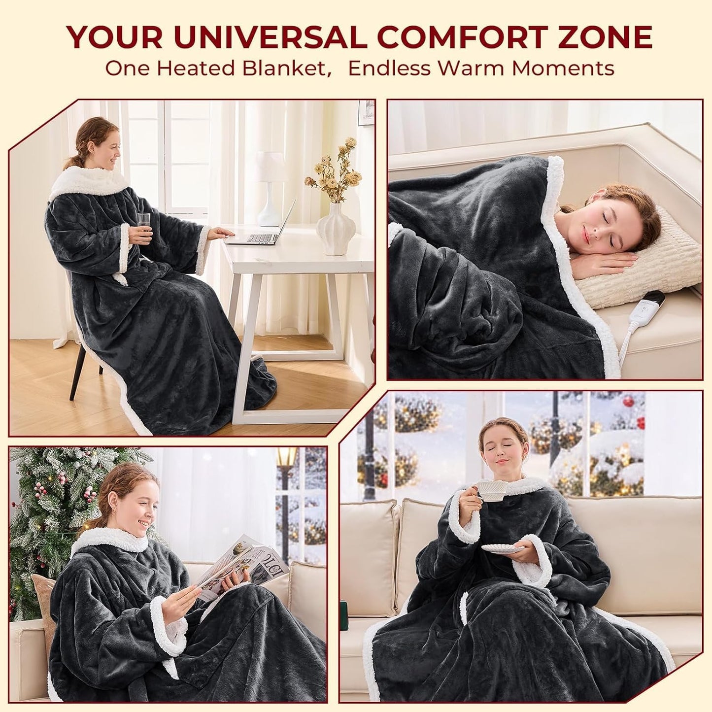 JOLLYVOGUE Wearable Heated Blanket - Heating Electric Blanket with Sleeves & Foot Pocket, Heated Throw for Adult, Birthday Gifts with 7 Heat Settings & fixed 4h Auto Shut-off (50*70 Inch, Dark Grey)