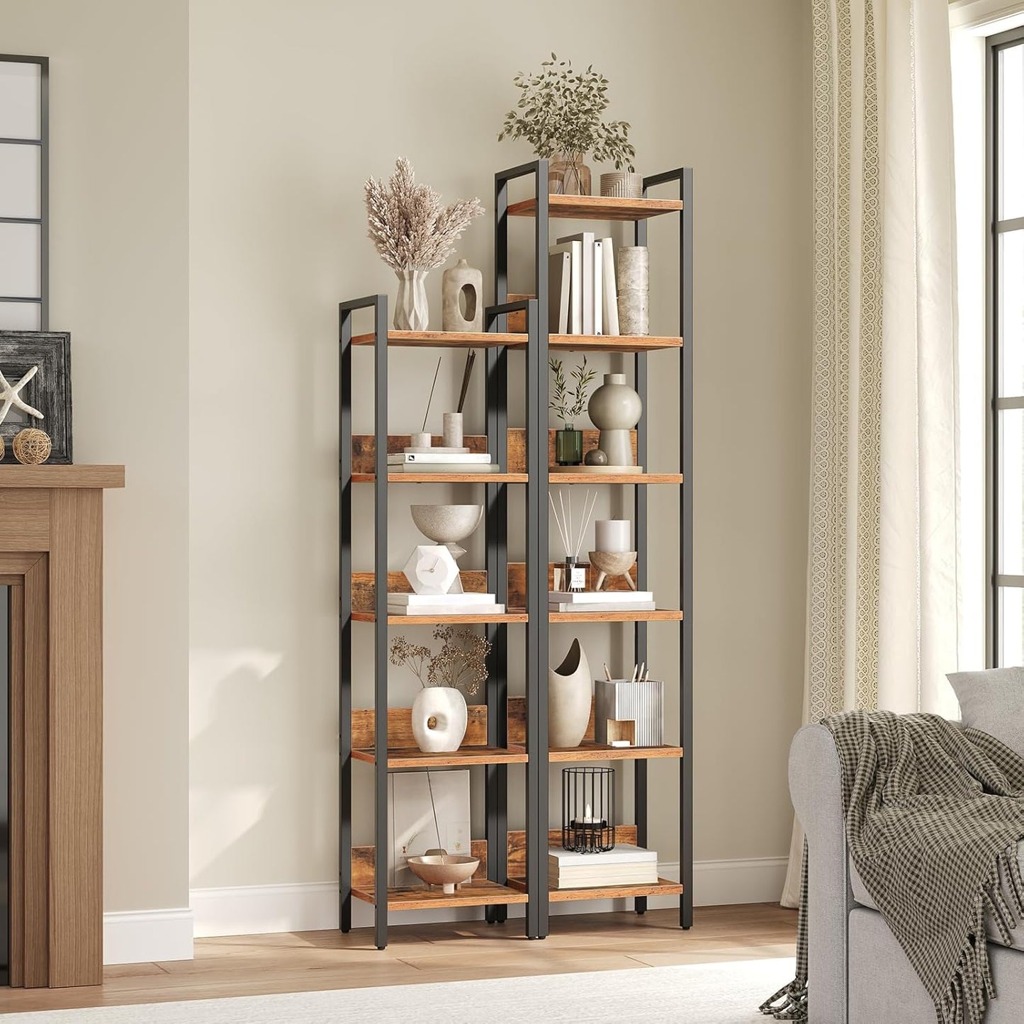 Bookshelf, 6-Tier Bookcase, Standing Book Shelf for Small Space, Storage Shelf Organizer, for Living Room, Bedroom, Study, Balcony, Rustic Brown and Black BKHR6601