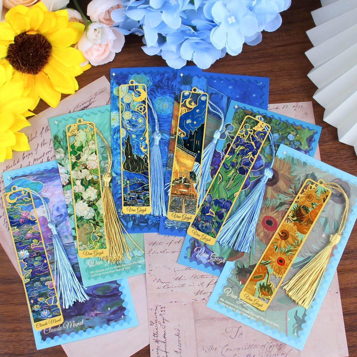 Metal Bookmarks with Tassel, Golden Van Gogh Monet Oil Painting Theme Cute Hollow Book Markers for Reading Women, Teachers, Students, Book Lovers, Reading Accessories Gifts for Book Lovers (6PCS)