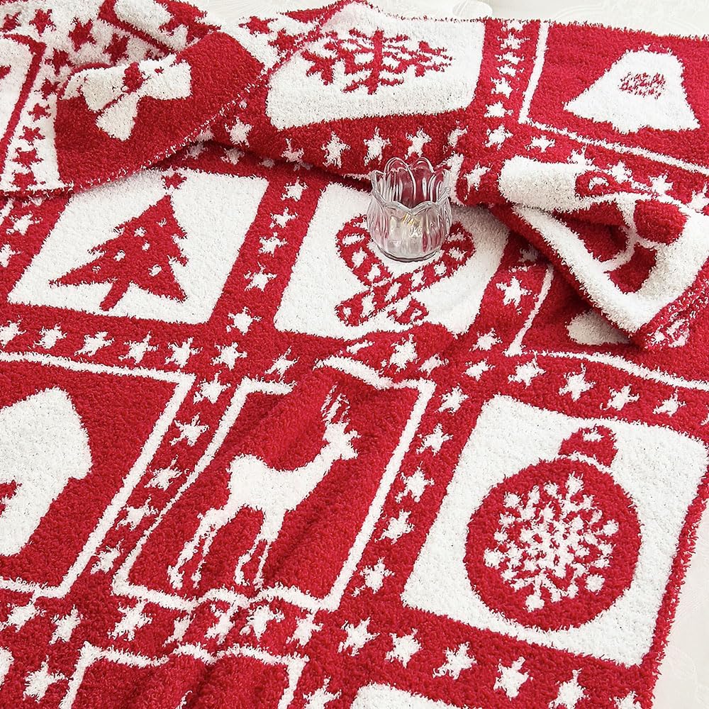 Ultra Soft Microfiber Star Snowflakes Christmas Tree Checkered Knitted Throw Blanket Warm Plush Fluffy Bed Blanket Xmas Decor Lightweight Camping Travel Blanket for Couch Sofa (Gift Red, 50"x60")