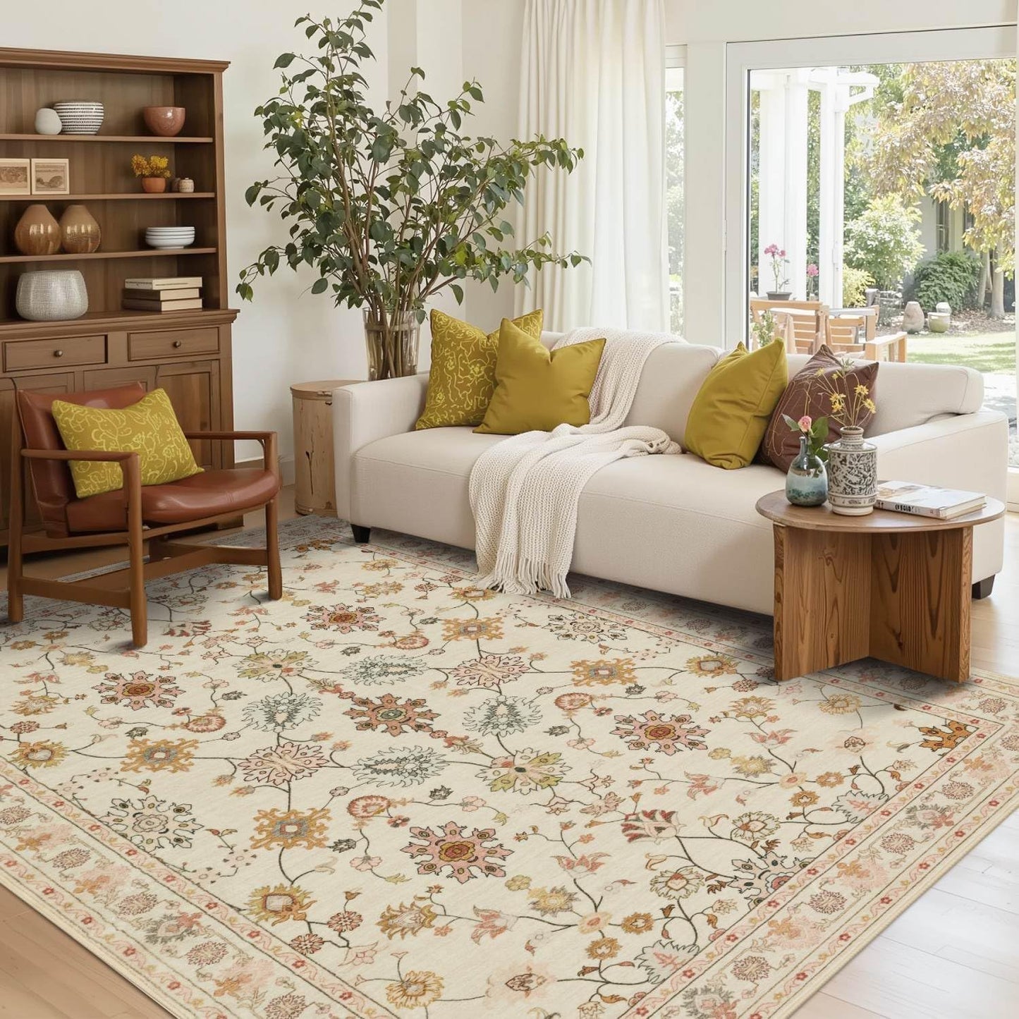 Floral Rug for Living Room Bedroom, 5x7 Washable Rug, Vintage Boho Area Rug, Large Non Slip & Low Pile Wool Carpet for Indoor Dining Room, Girls Room, Nursery Room and Kids Room(Apricot 5x7ft)