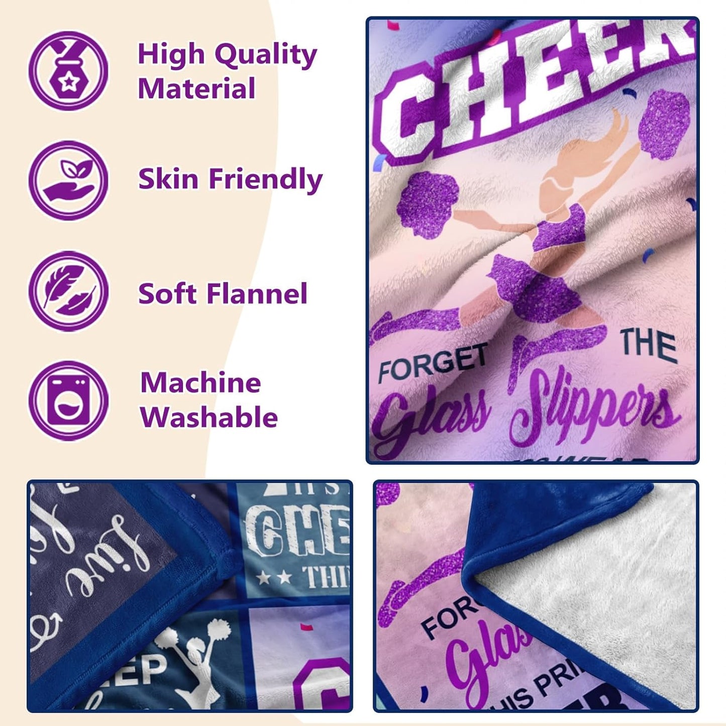 Cheerleader Gifts, Blue Purple Throw Blanket 50x60 inches– Inspirational Quotes Grid Design – Soft Cozy Fleece for Watching TV, Office, Napping – Cheerleader Gifts for Girls
