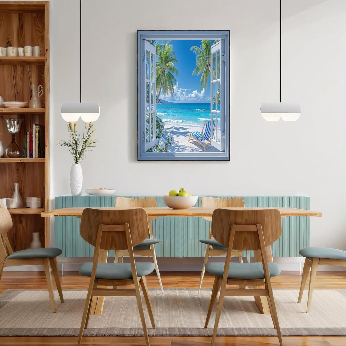 GDJSMIN Realistic White Window Wall Art, Beach View With Palm Trees Poster for Reading Room Living Room Decor 12x 16 inch Unframed