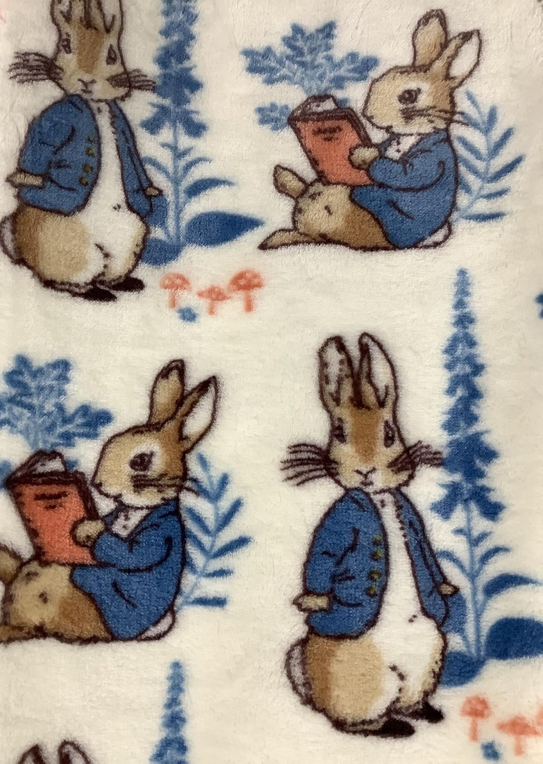 Frederick Warne & Co. Peter Bunny Rabbit Easter Throw Blanket, Off White - Peter Reading, Blue Botanical & Orange Toadstools, 50" x 70"