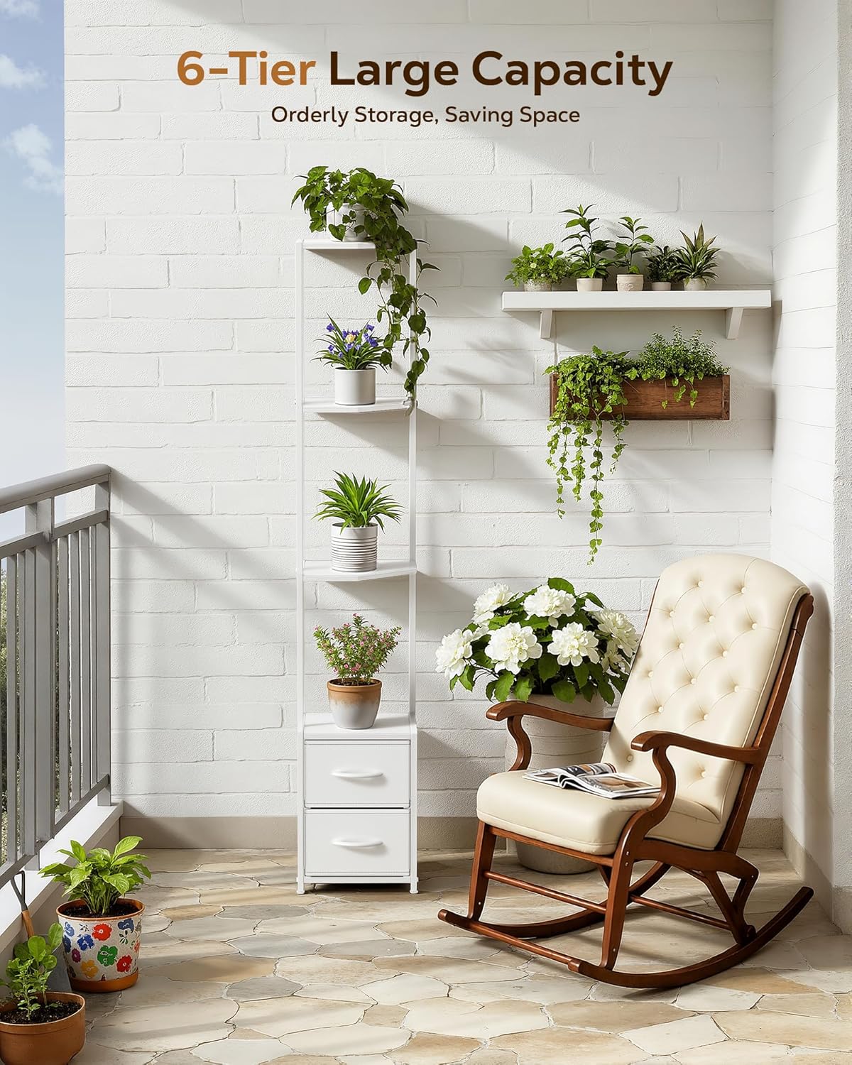 Housolution Corner Shelf Stand with Storage, 63.4'' Tall 6-Tier Corner Bookshelf Includes Fabric Drawers, Freestanding Corners Storage Shelf for Living Room Bedroom Kitchen Bathroom (White)