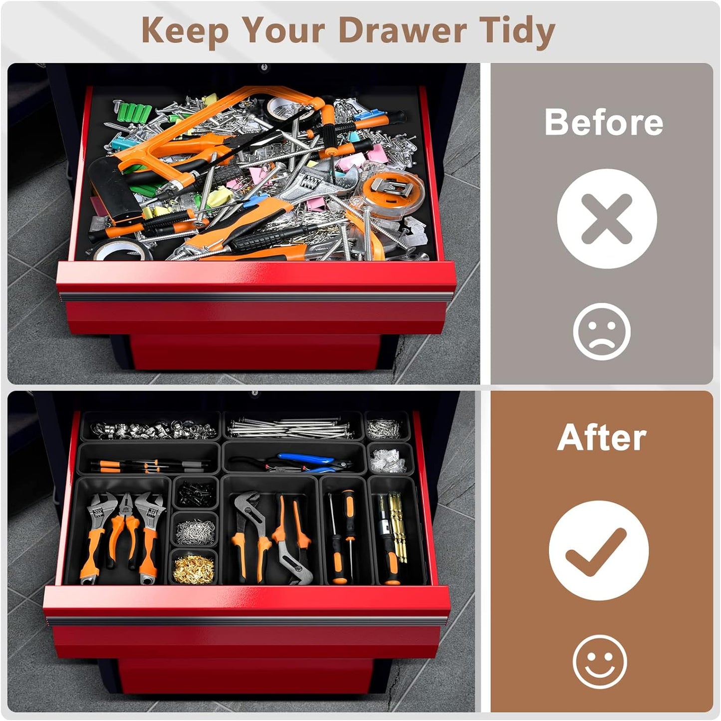 【More Larger Size】A-LuGei【69 PCS-5 Size】 Tool Box Organizer Tray Divider Set【Black】 Desk Drawer Organizer Bin, Garage Organization and Storage Toolbox for Rolling Tool Chest Cart WorkBench Part Widget