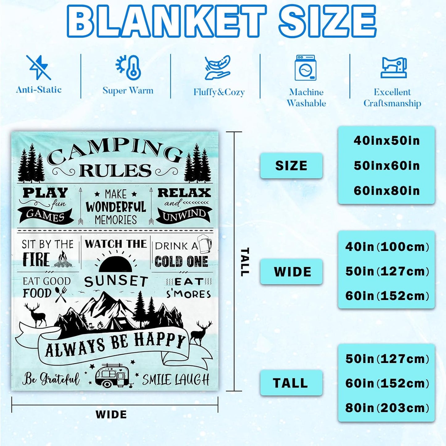 Camping Gifts for Women/Men, Camping Rules Blanket, Camp Stuff, Camp Essentials, Camper Decor for Outdoors, RV Owners Travel 60"x50"