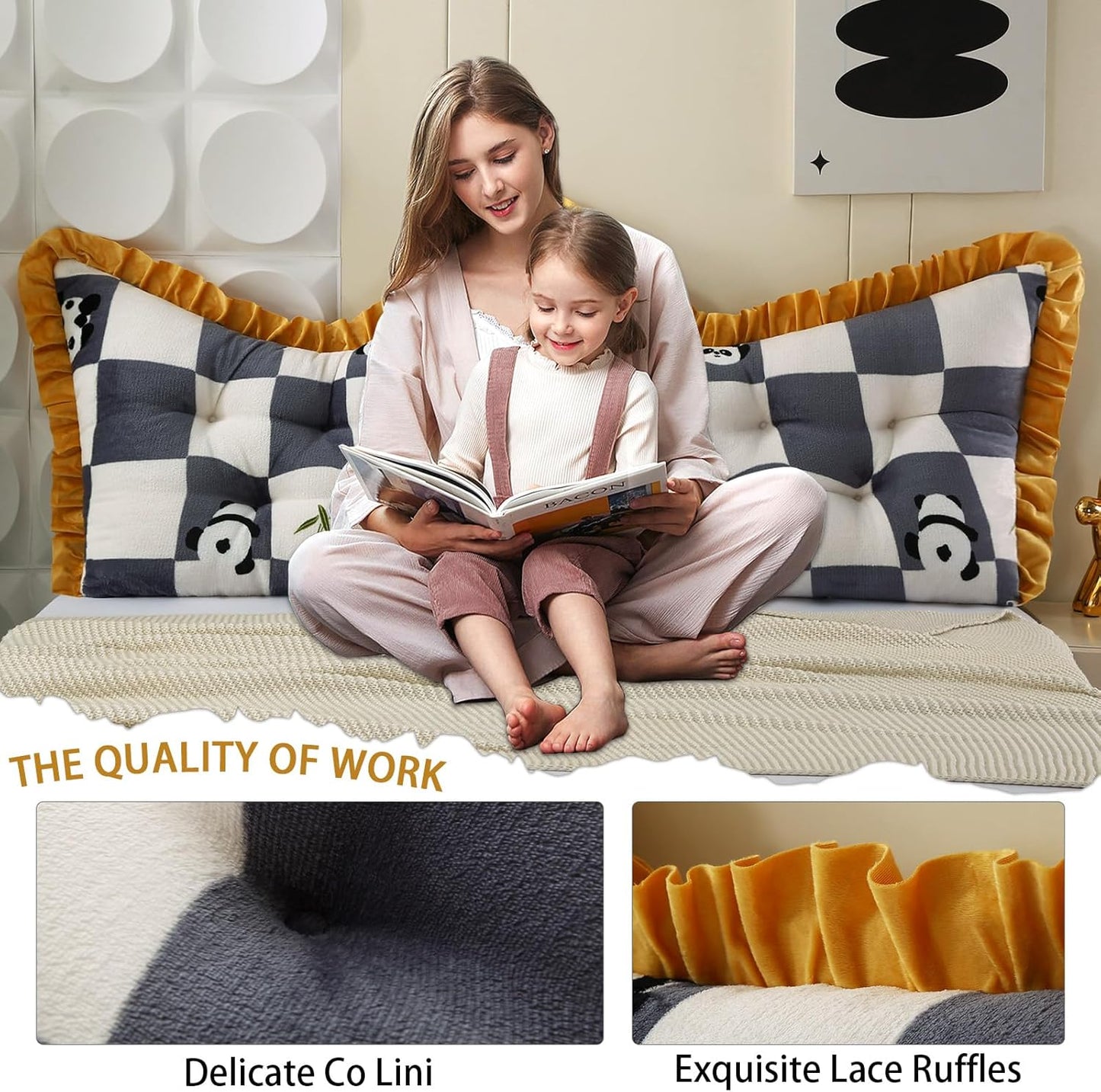 ROOMLIFE Headboard Pillow Crown Princess Soft Black＆White Grid Bed Pillow for Headboard Backrest Positioning Support Bed Rest Reading Pillow Panda Pattern Headboard Pillow with Removable Cover,Queen